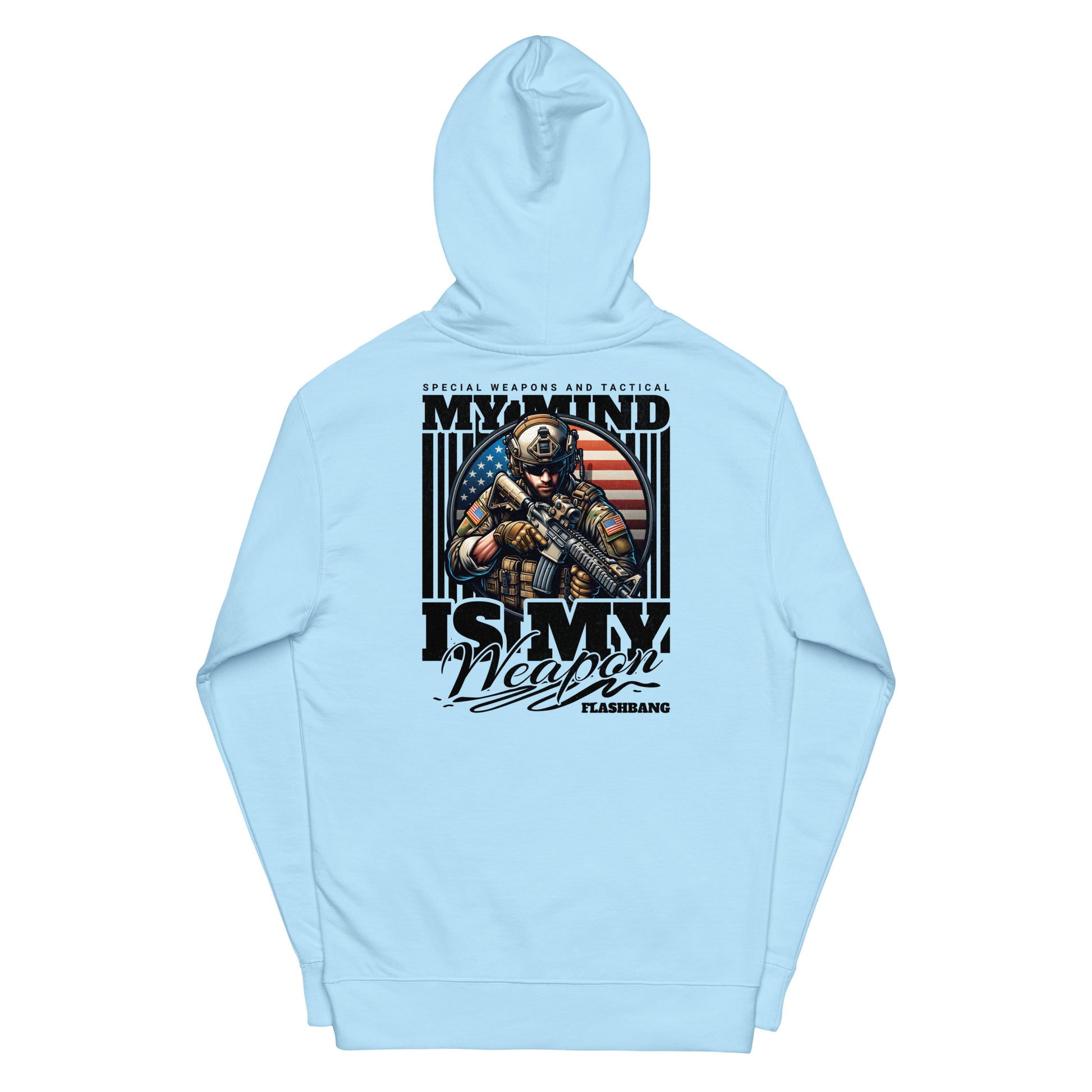 Light blue hoodie with graphic design and text on a white background