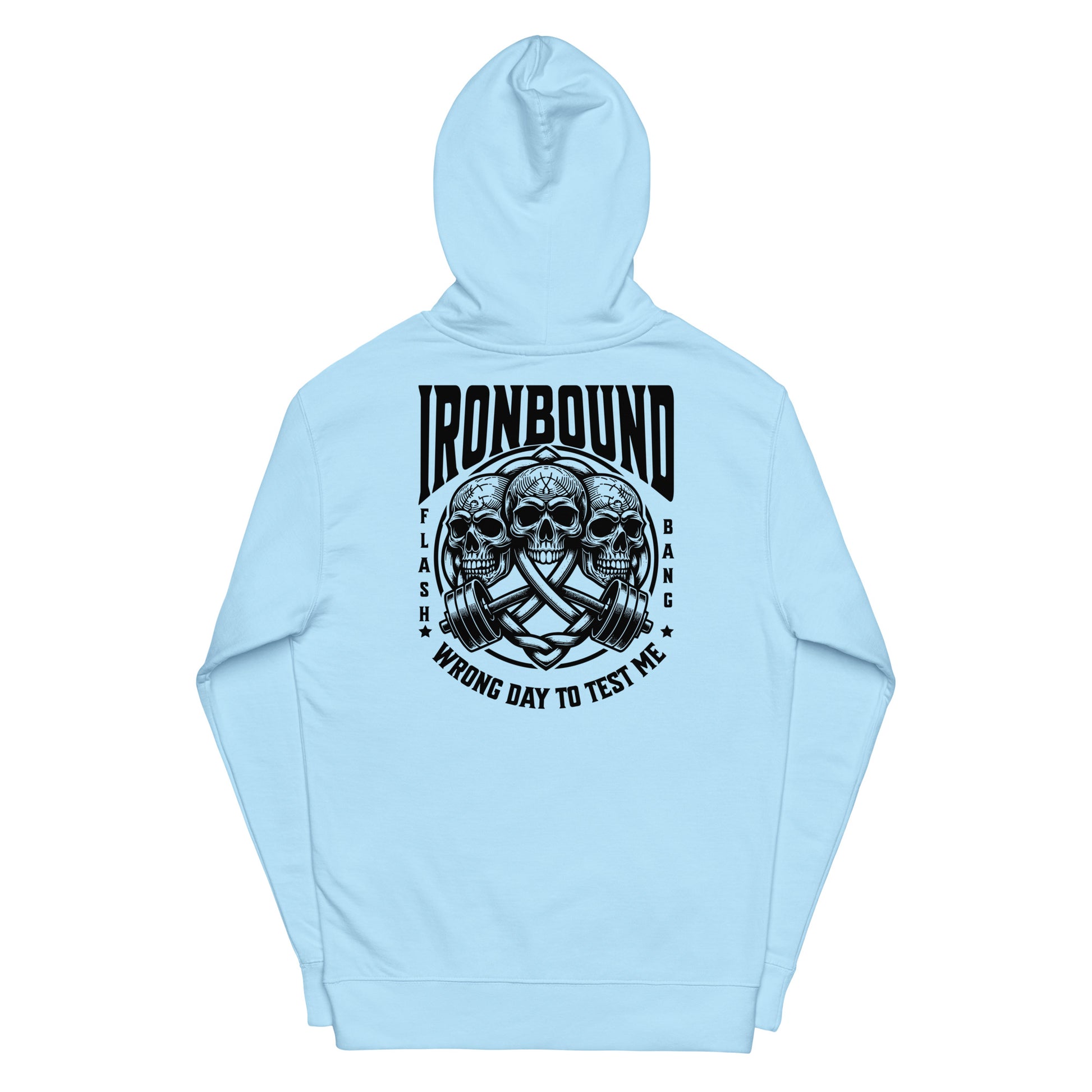 Light blue hoodie with black graphic and text on a white background