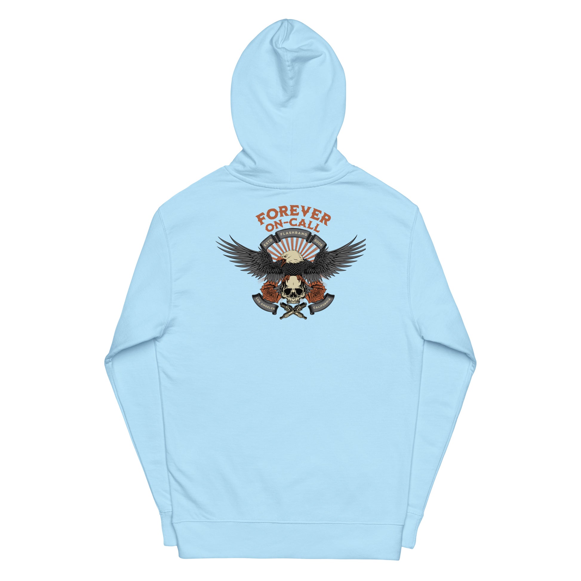 Light blue hoodie with a graphic design on a white background