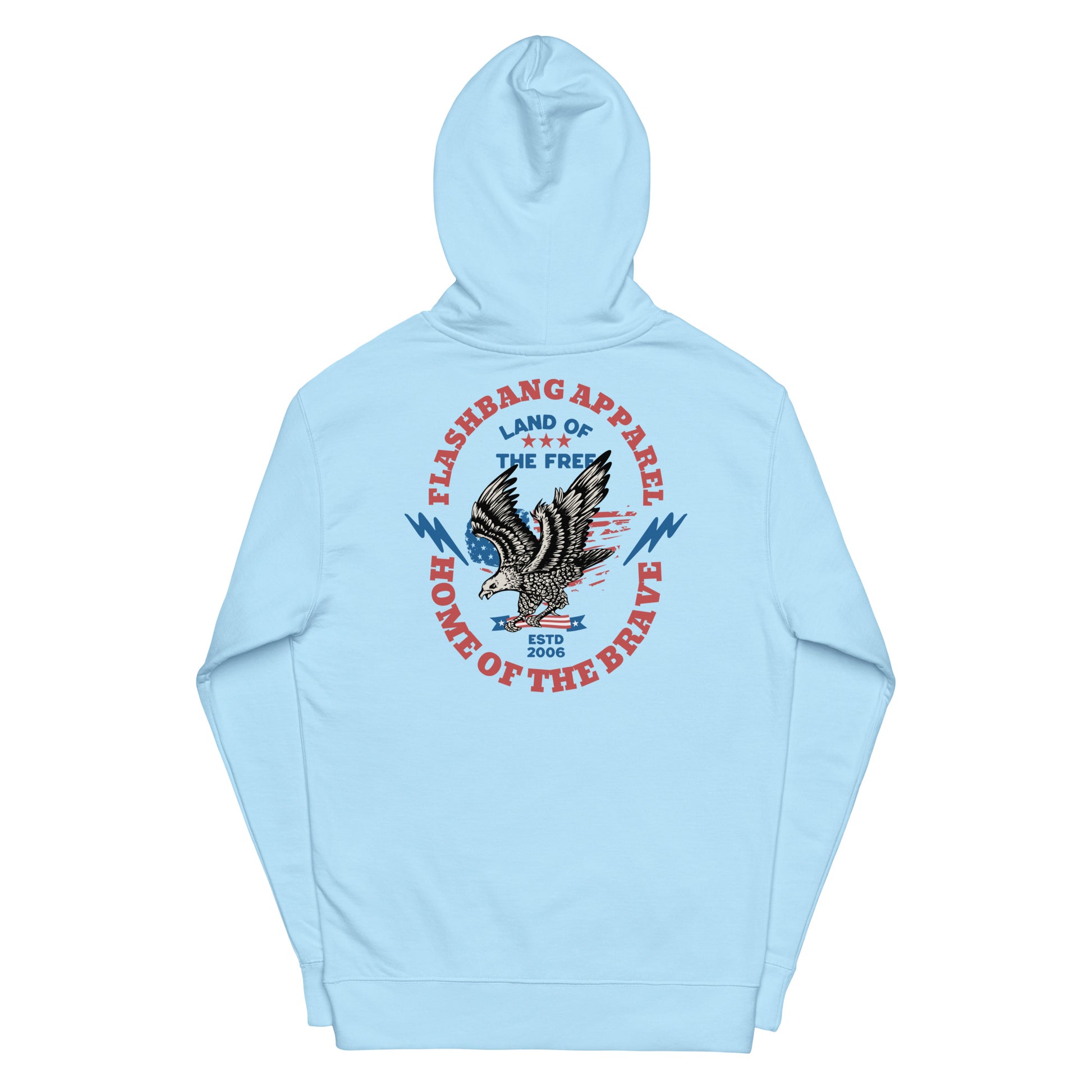 Light blue hoodie with an eagle graphic and text on a white background