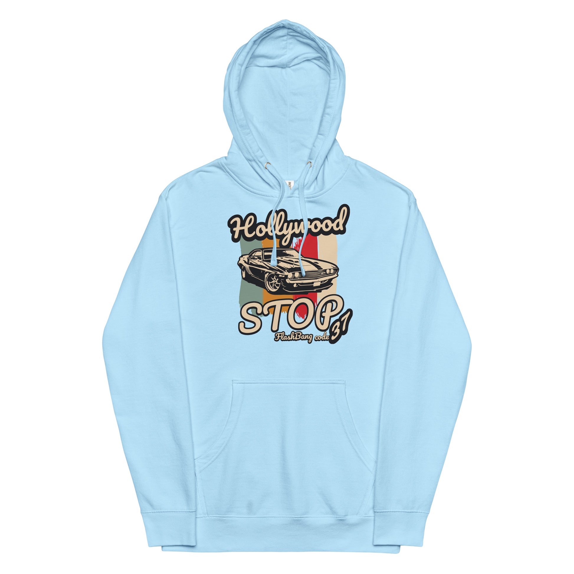 Light blue hoodie with a graphic design on a white background
