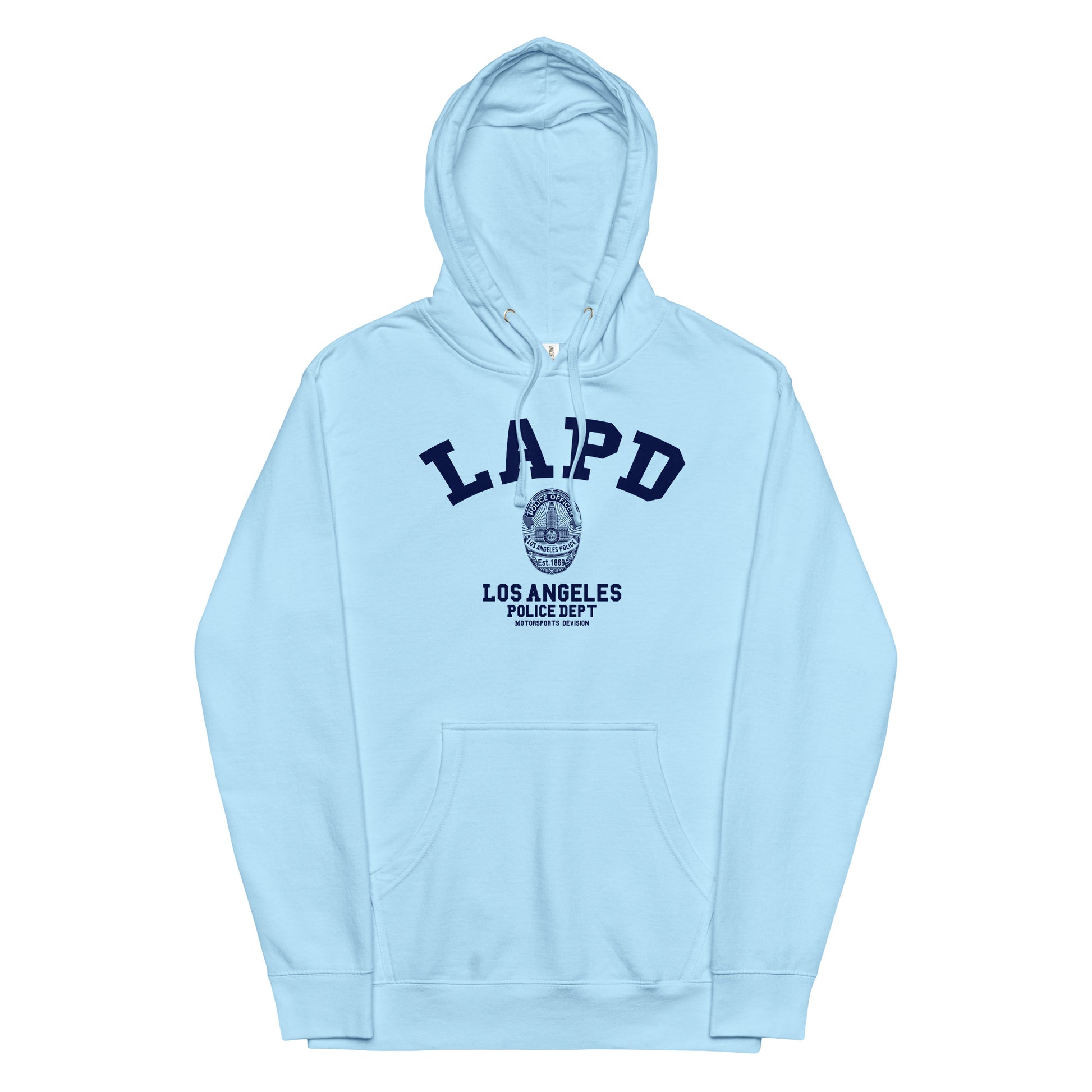 Light blue hoodie with LAPD Los Angeles Police Dept logo on a white background