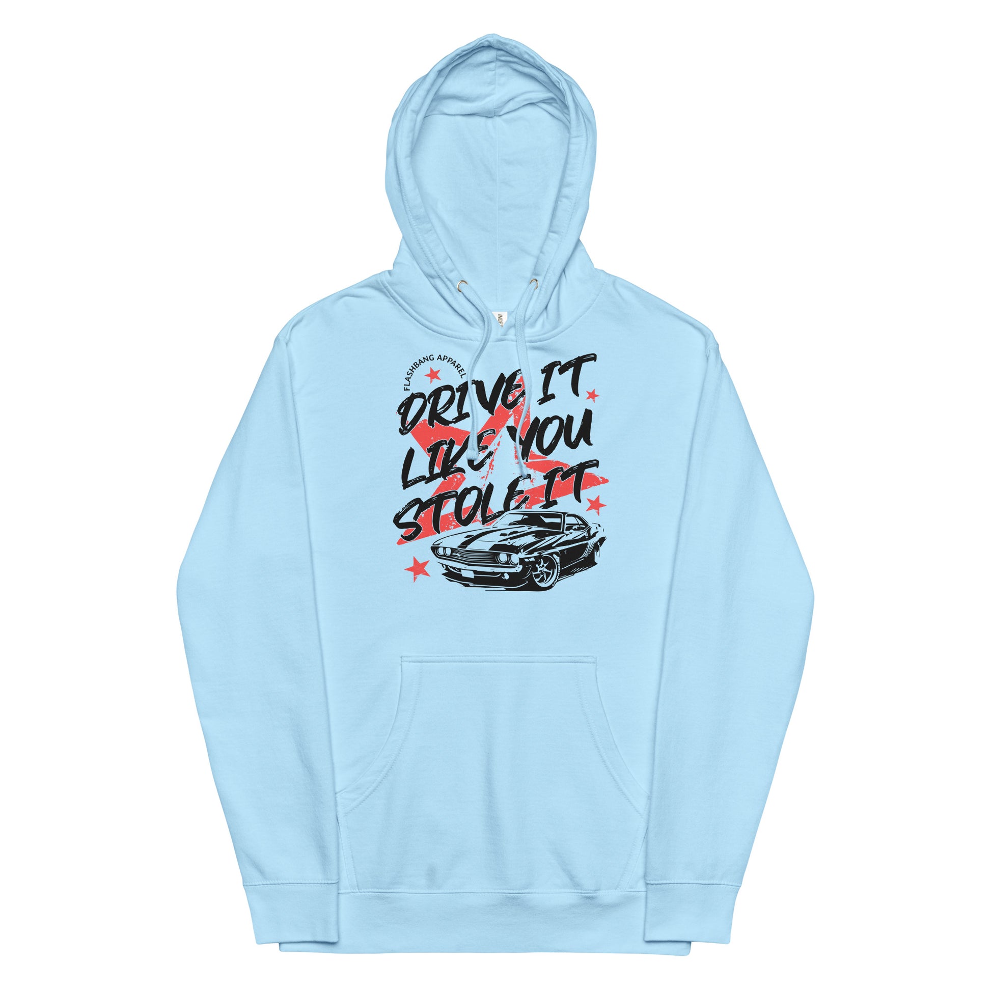 Light blue hoodie with graphic design and text on a white background