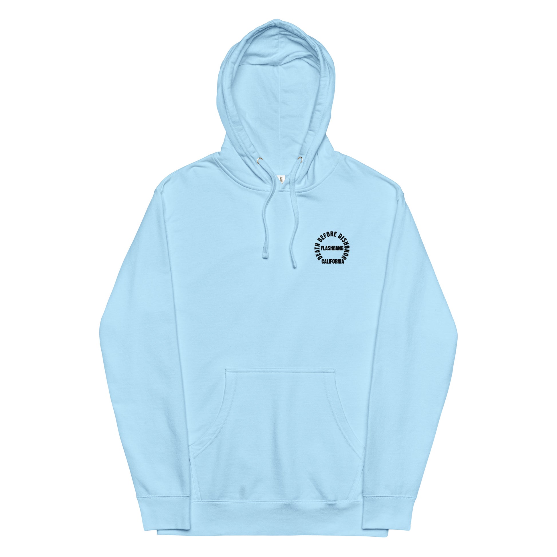 Light blue hoodie with a small logo on the chest against a white background