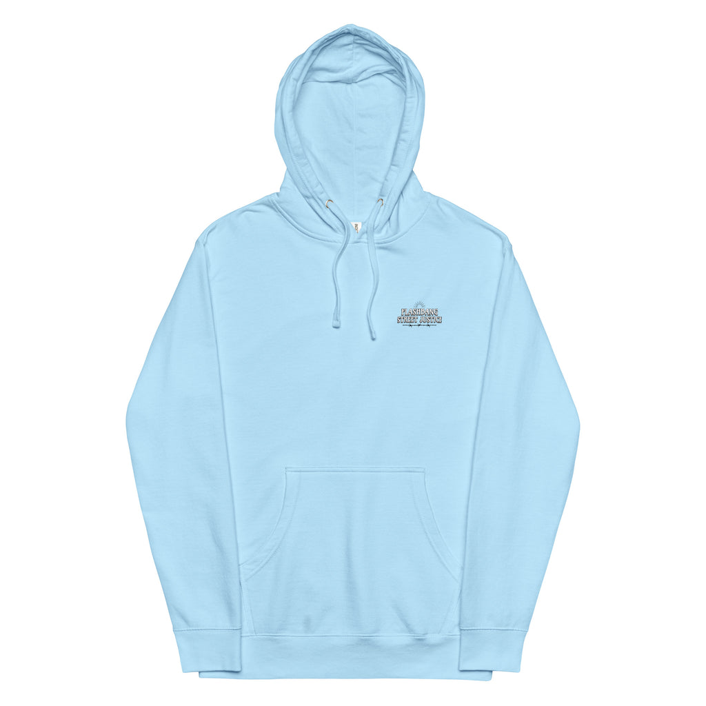 Light blue hoodie with a small logo on the chest against a white background