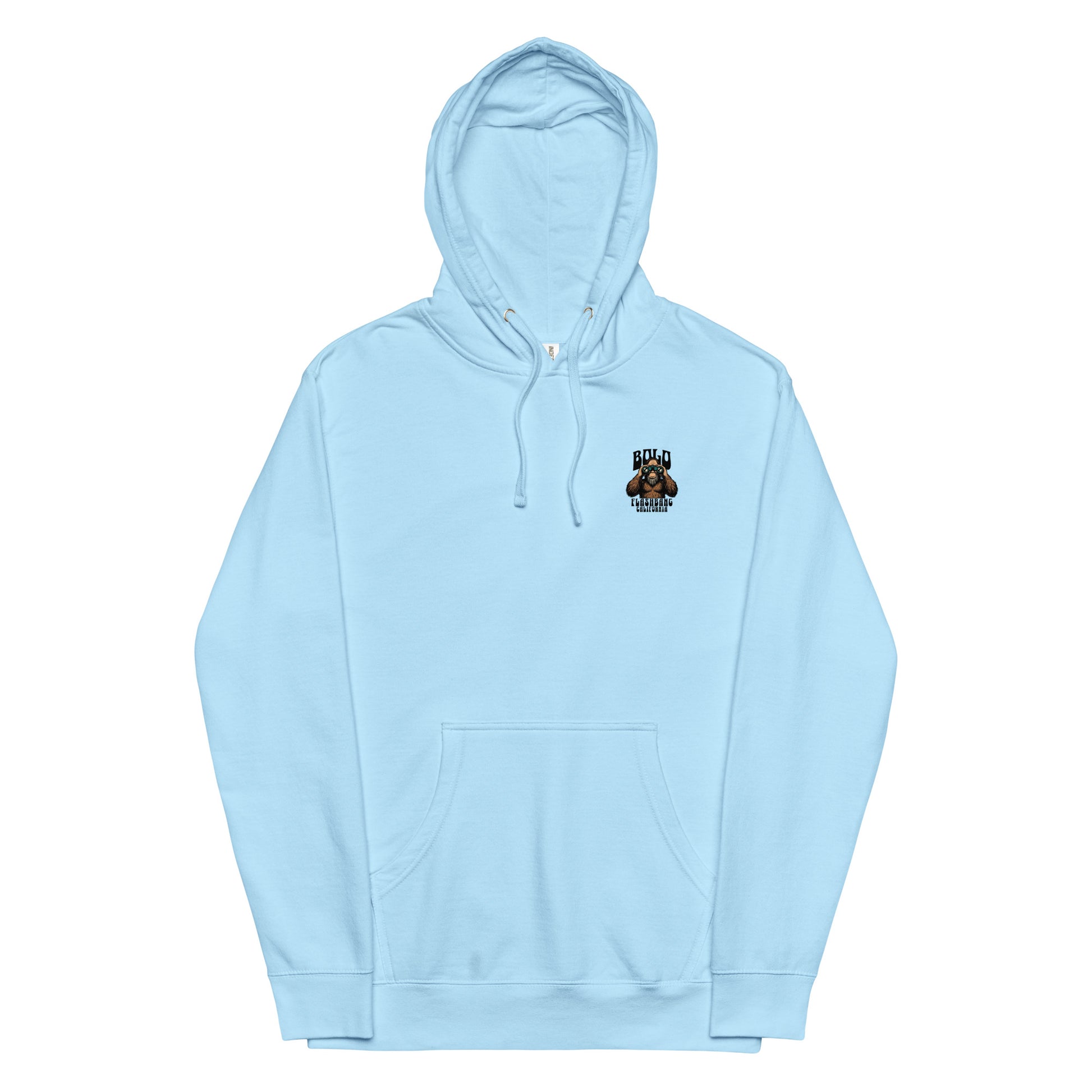 Light blue hoodie with a small graphic on the chest against a white background