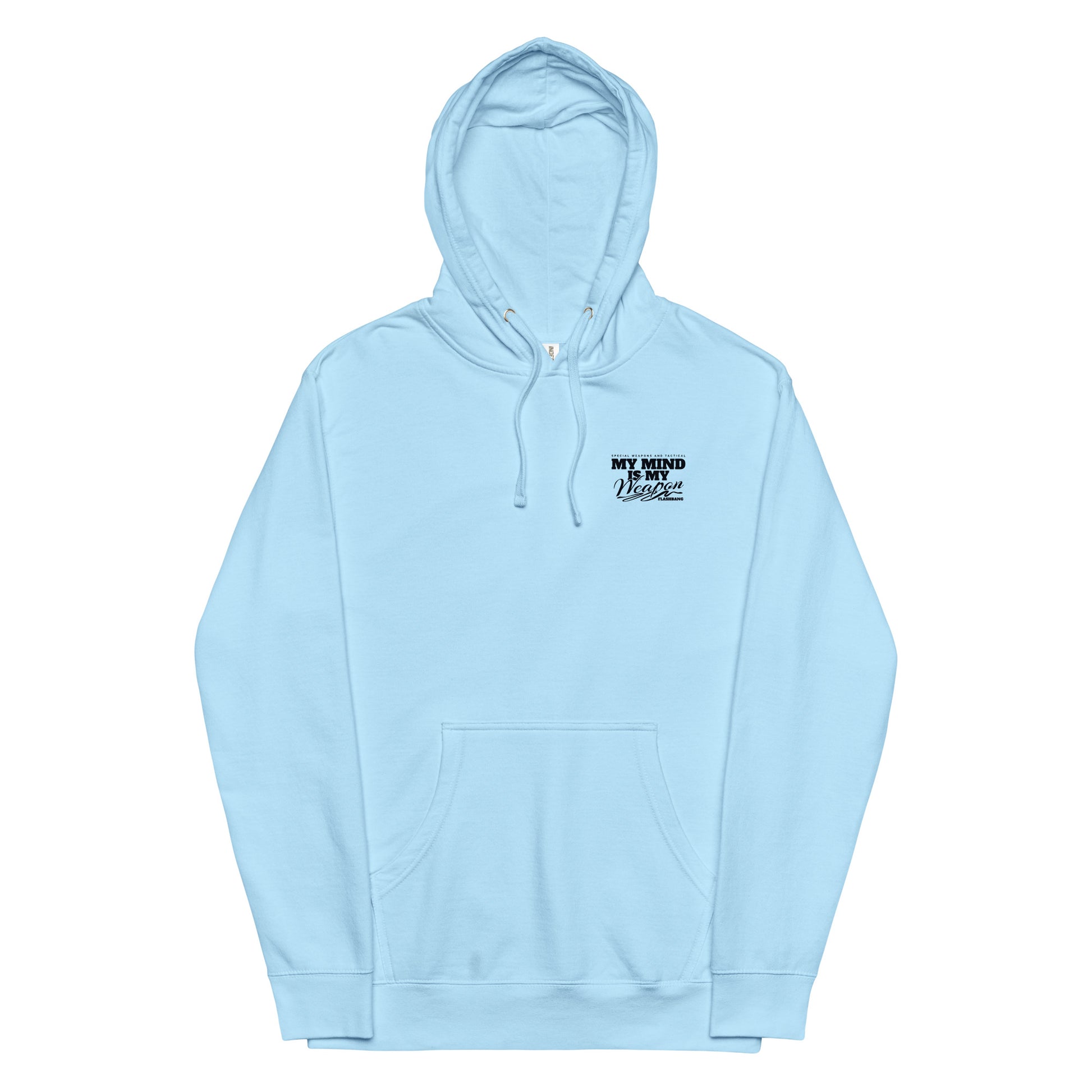 Light blue hoodie with a small black logo on the chest against a white background