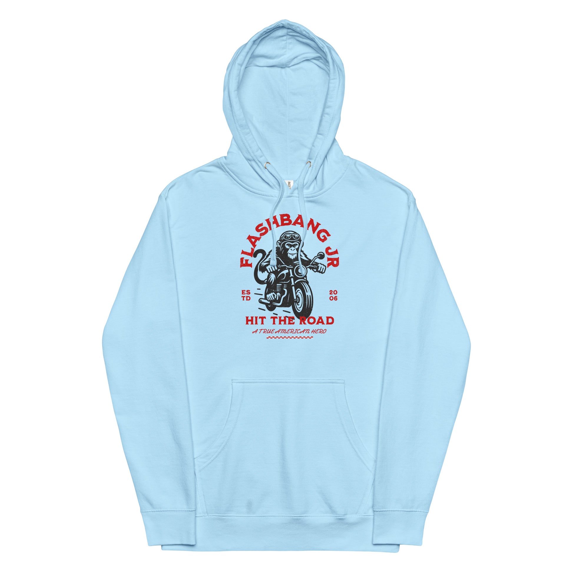 Light blue hoodie with graphic design on a white background