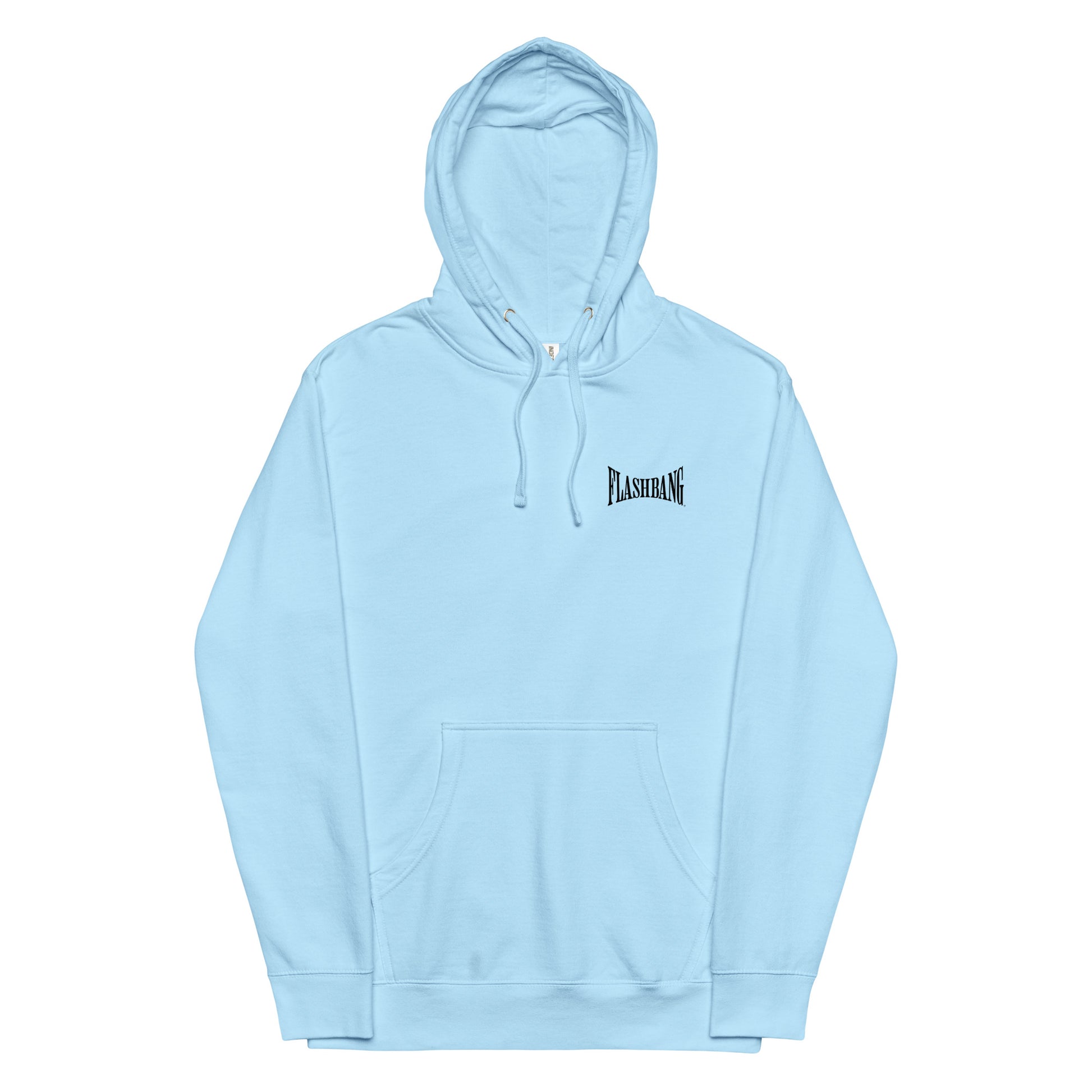 Light blue hoodie with a brand logo on a white background