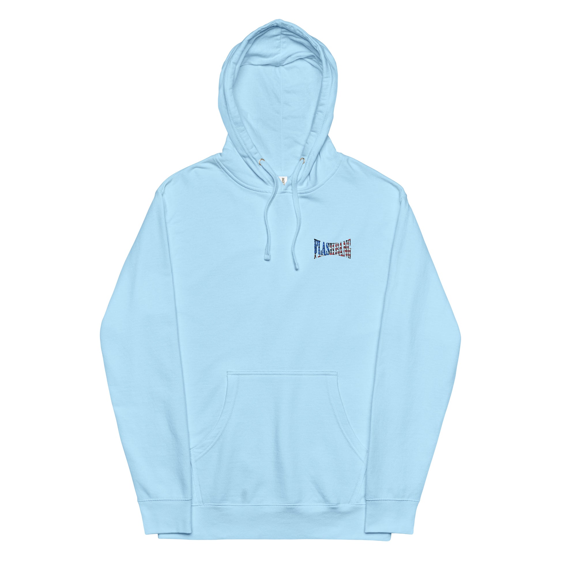 Light blue hoodie with a small logo on the chest against a white background