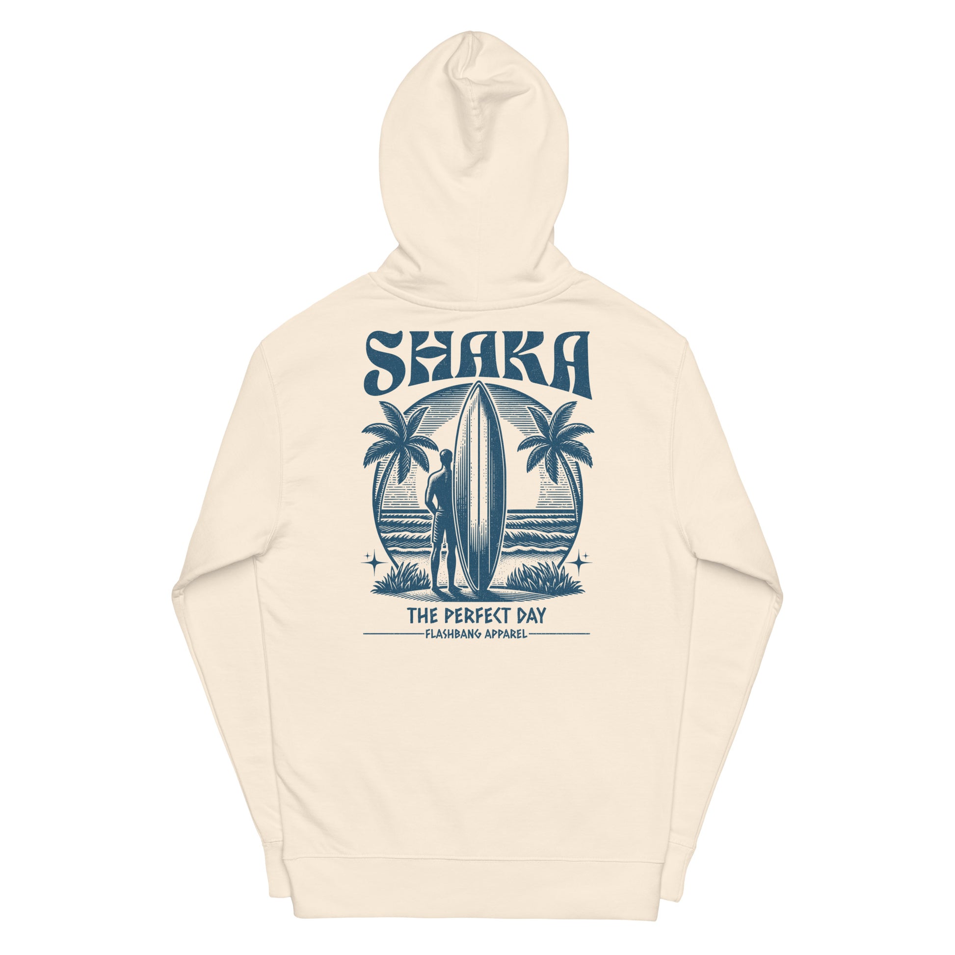 Beige hoodie with a graphic design and 'Shaka' text on a white background