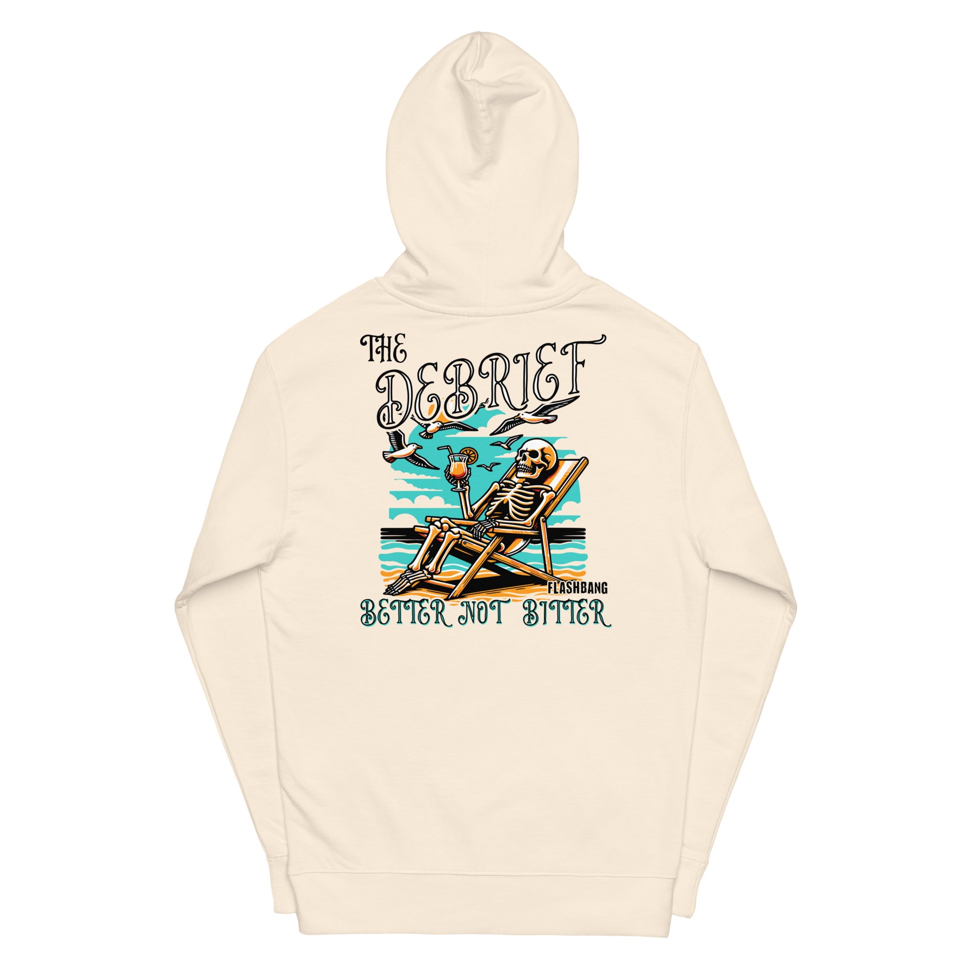 Beige hoodie with skeleton design and text on a white background