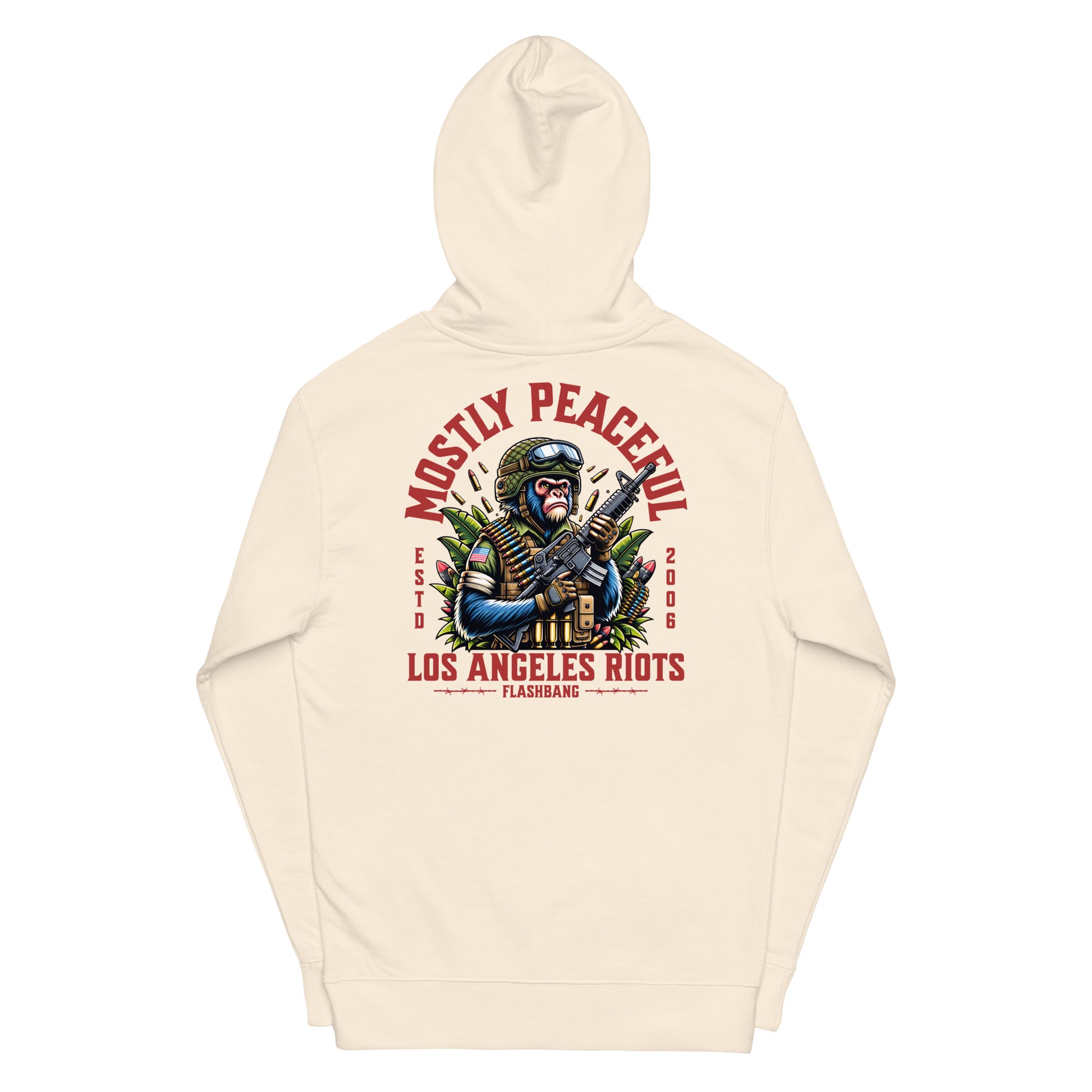 Beige hoodie with graphic design and text on a white background