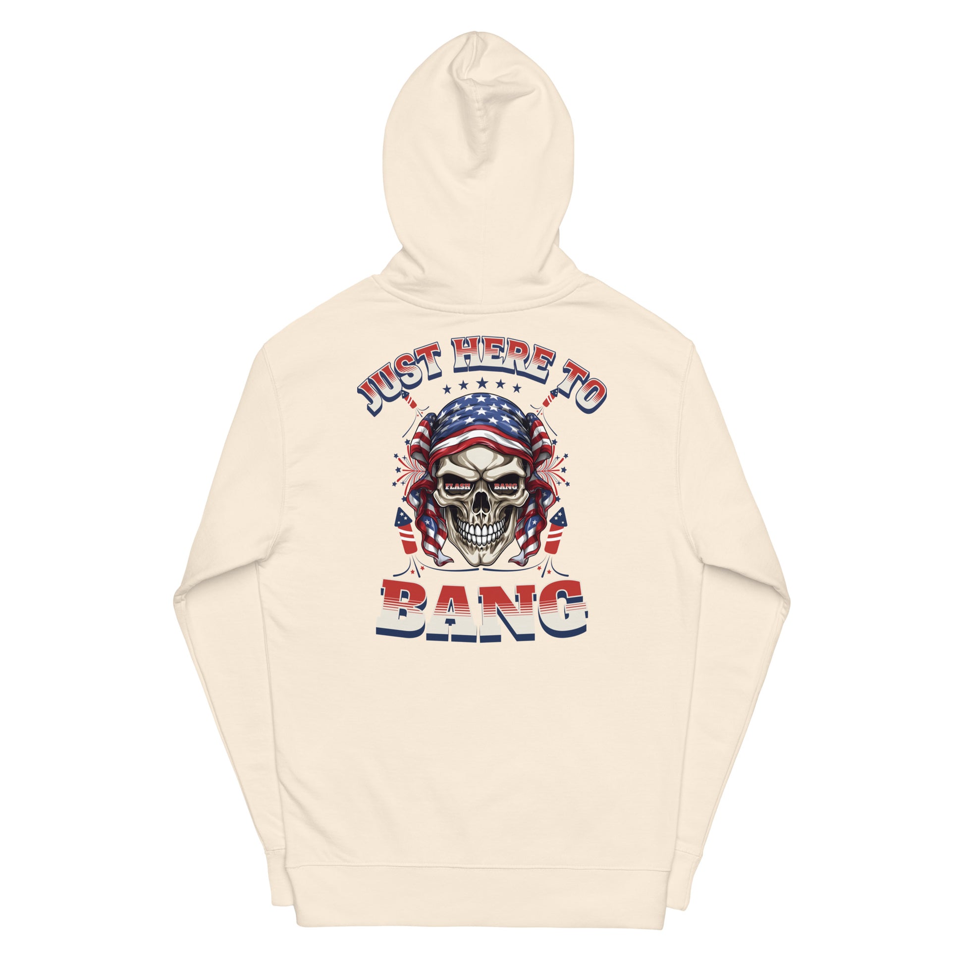 Beige hoodie with skull design and text on a white background