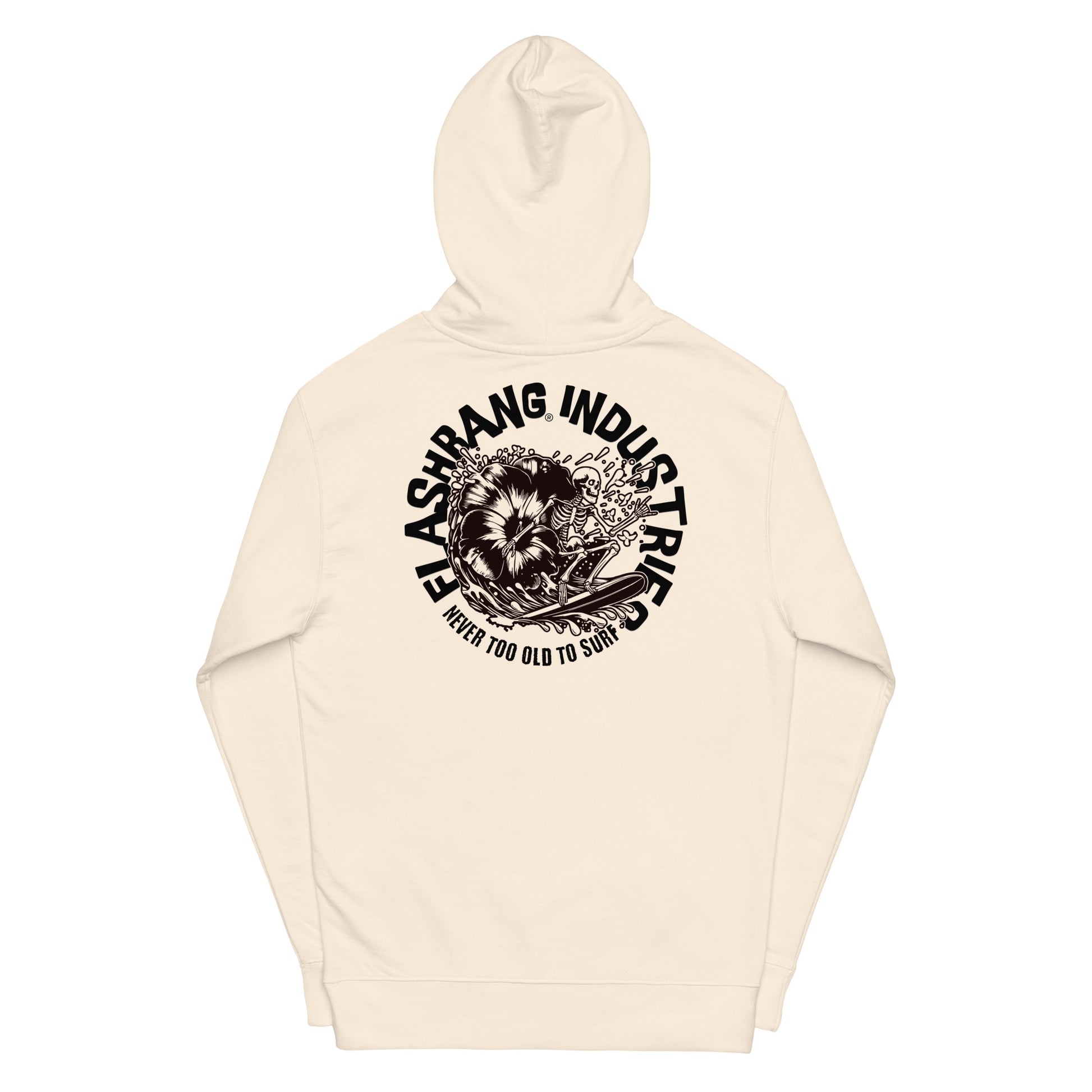 Beige hoodie with black graphic and text on a white background