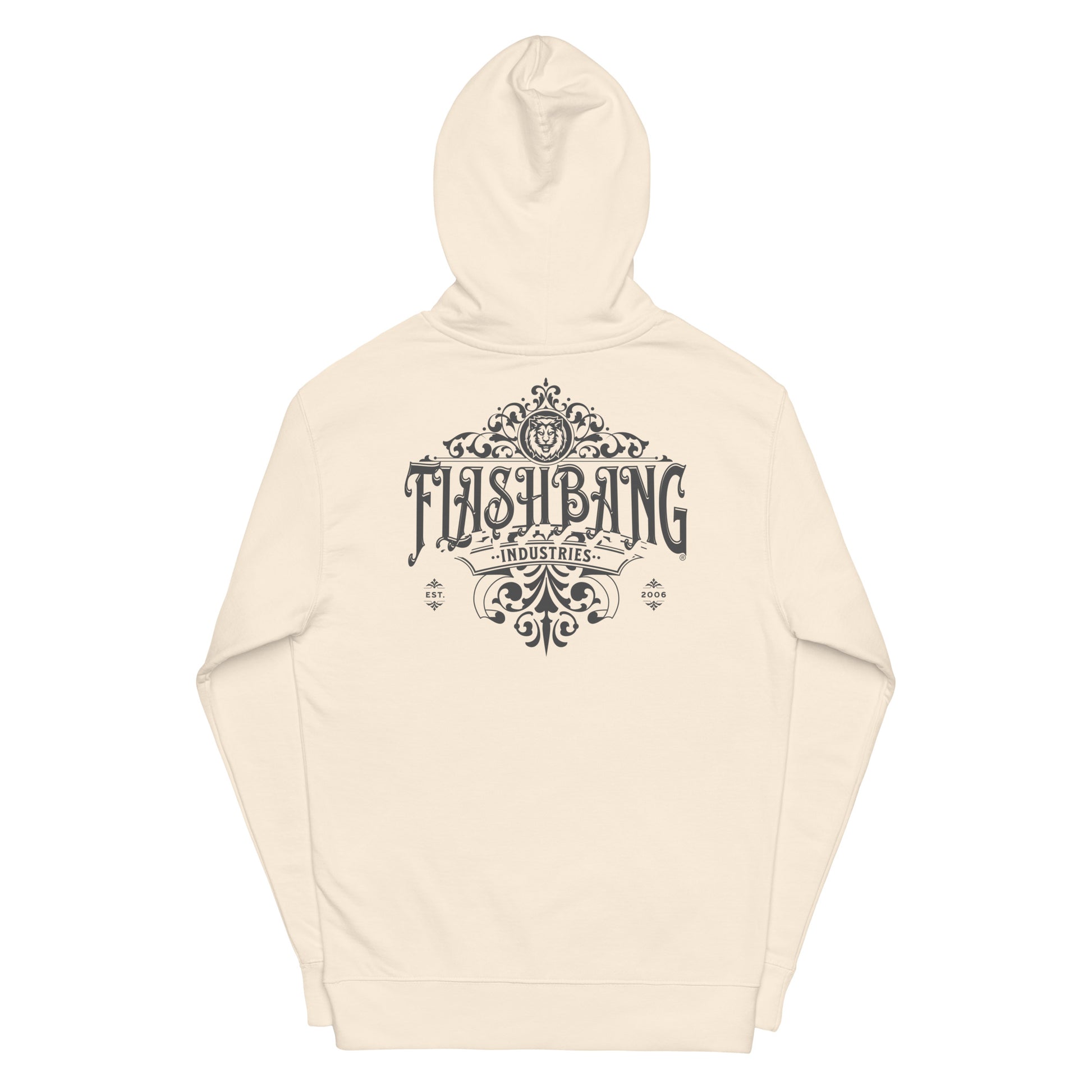 Beige hoodie with 'Flashbang Industries' logo on a white background