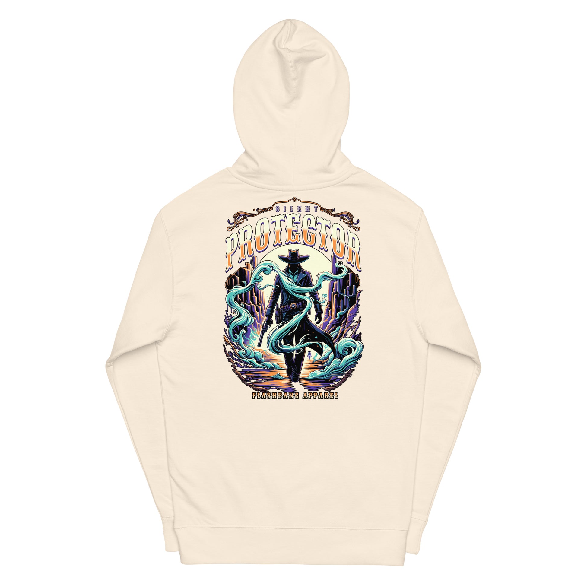Beige hoodie with a colorful graphic design on a white background