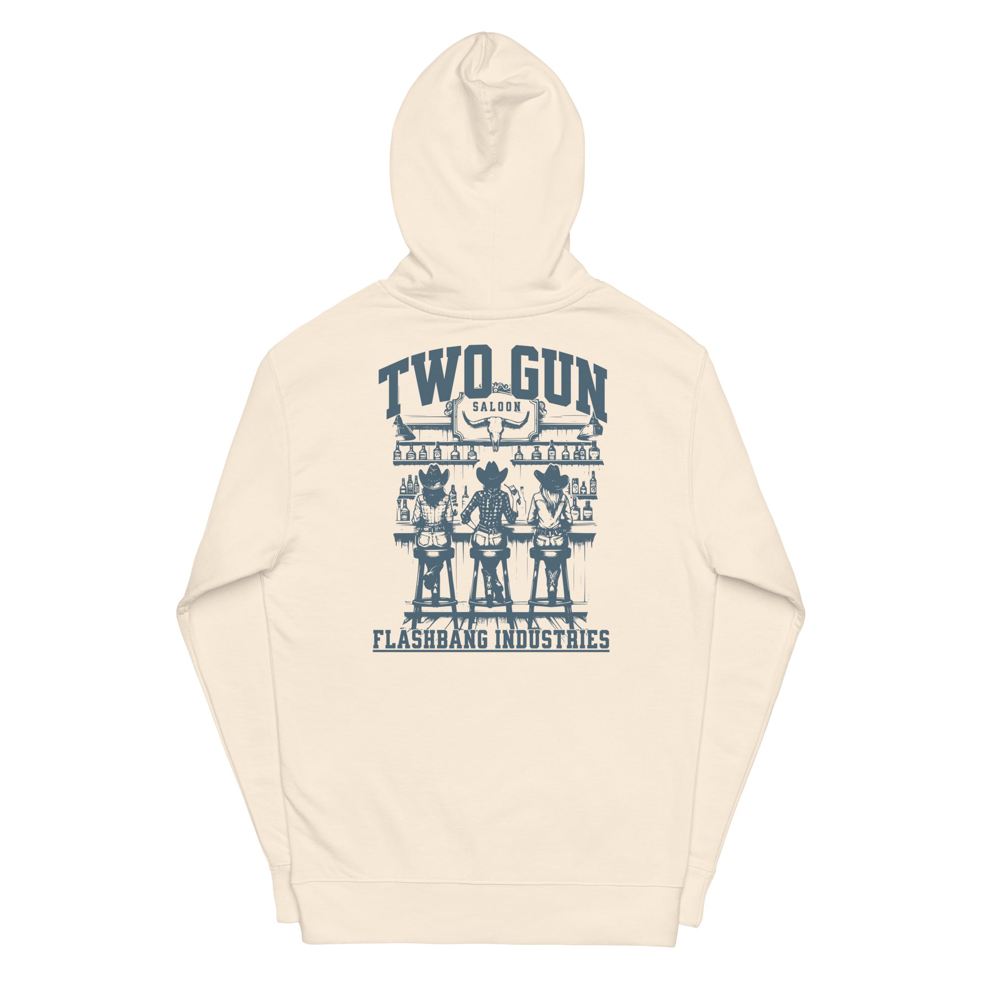 Beige hoodie with blue graphic and text on a white background