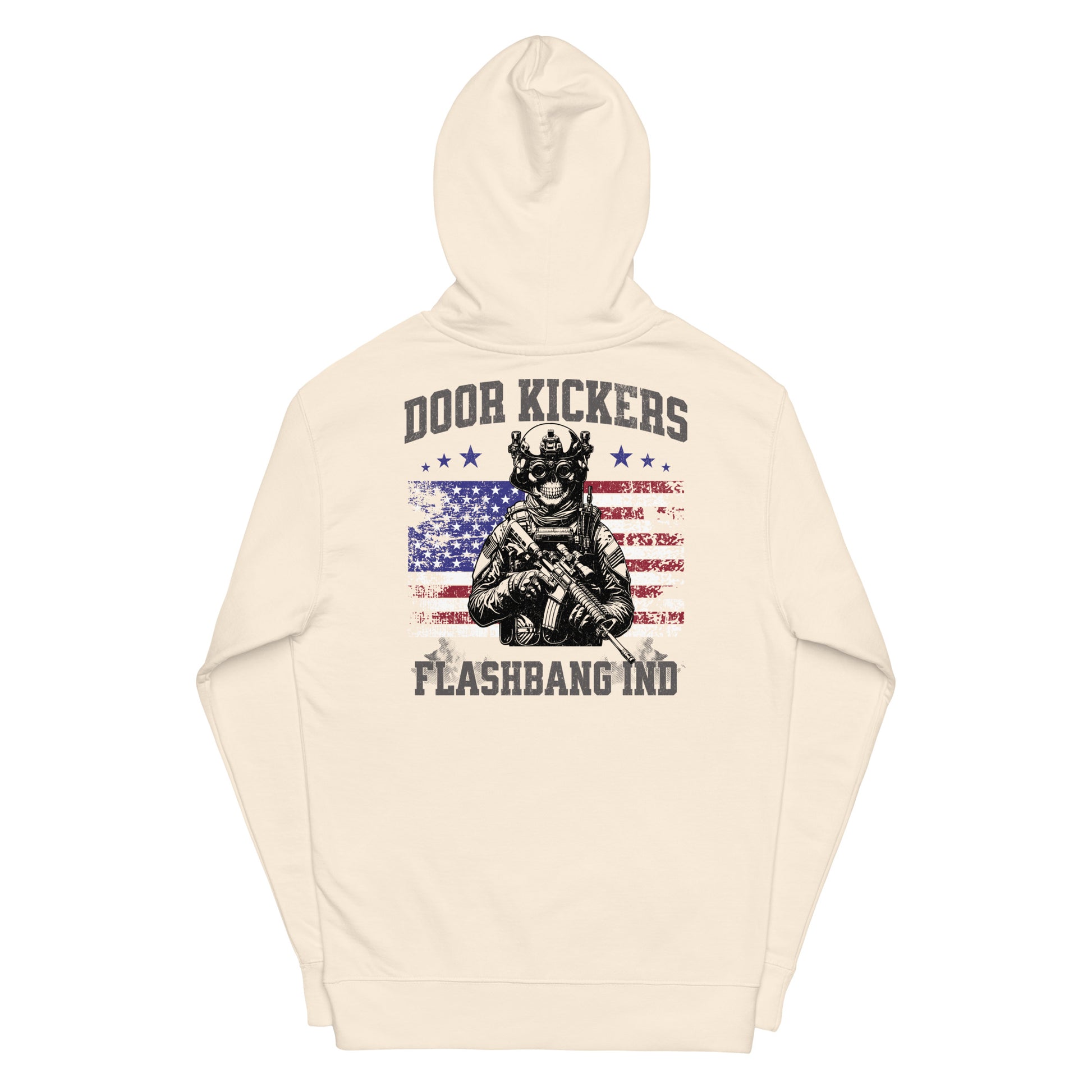 Beige hoodie with graphic design and text on a white background