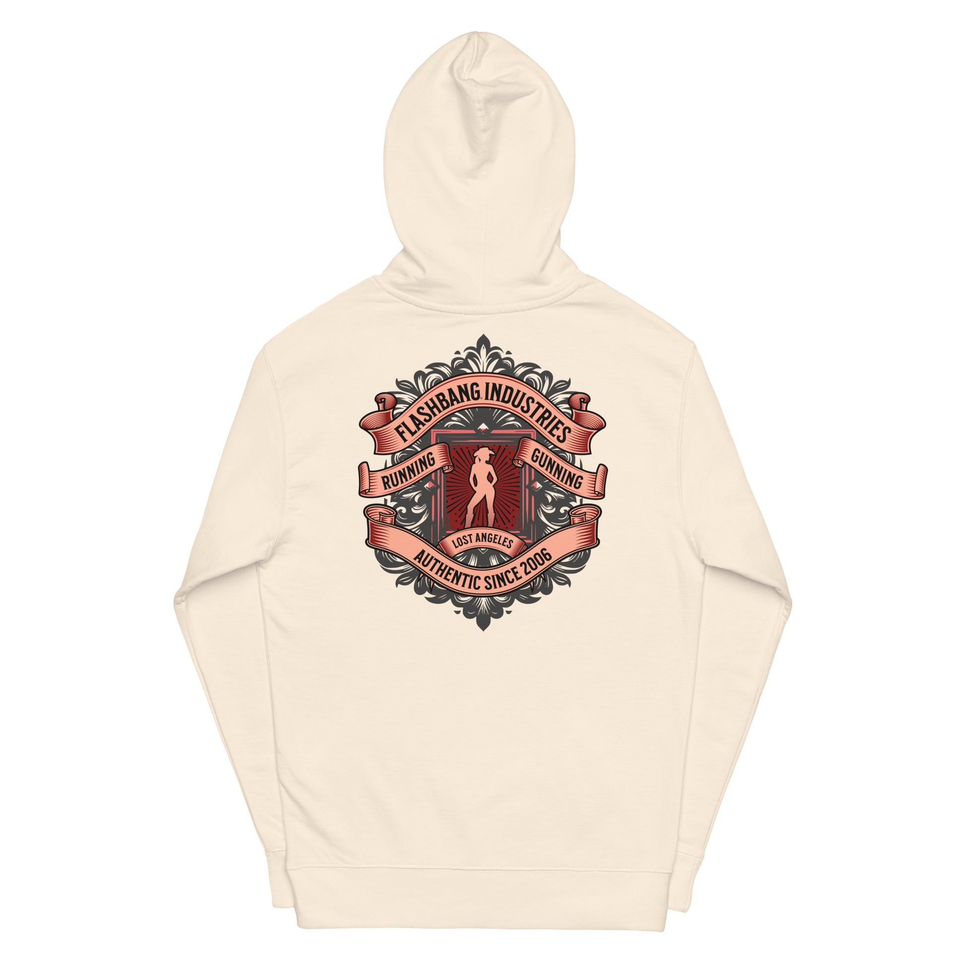 Beige hoodie with a graphic design on a white background