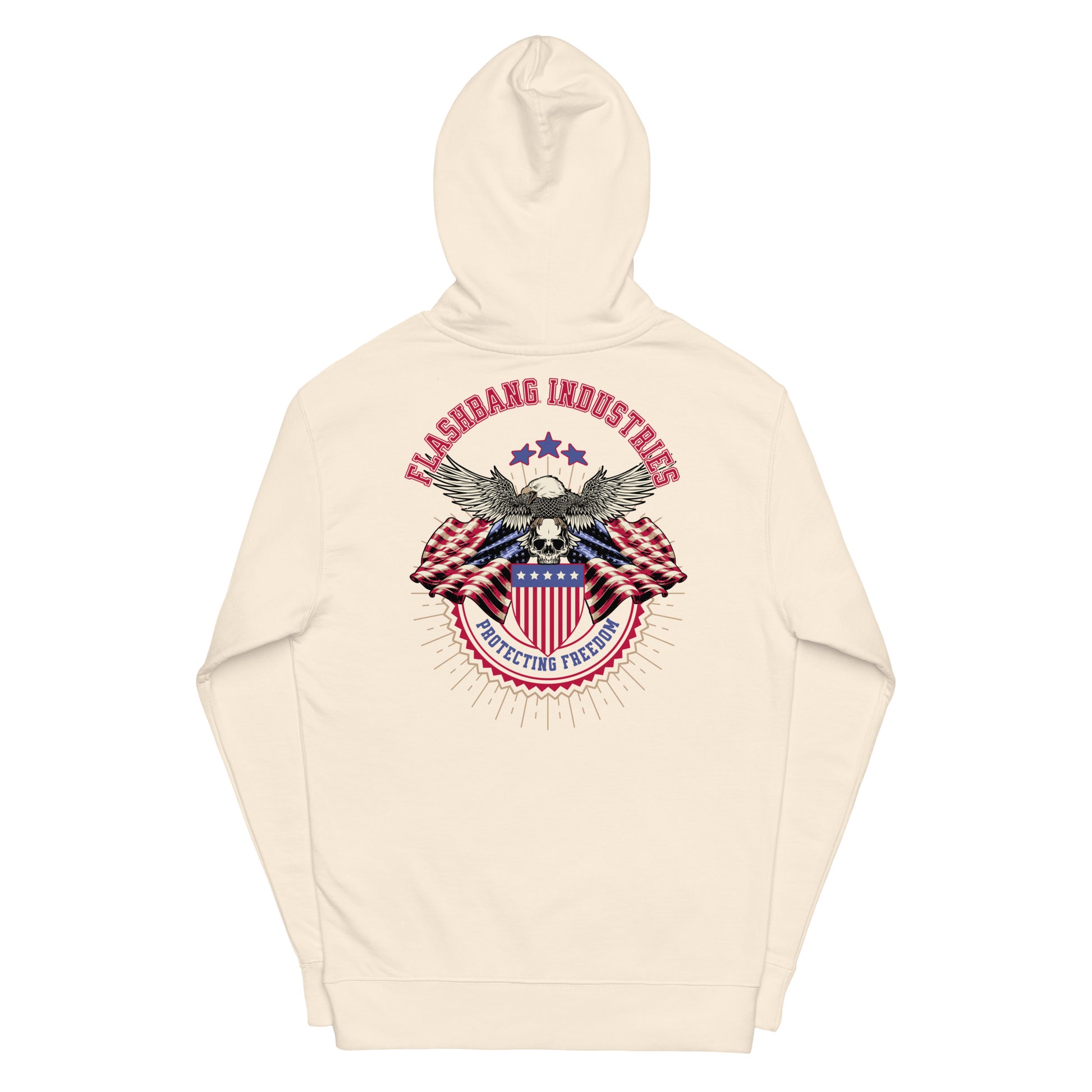Beige hoodie with patriotic graphic and text on a white background