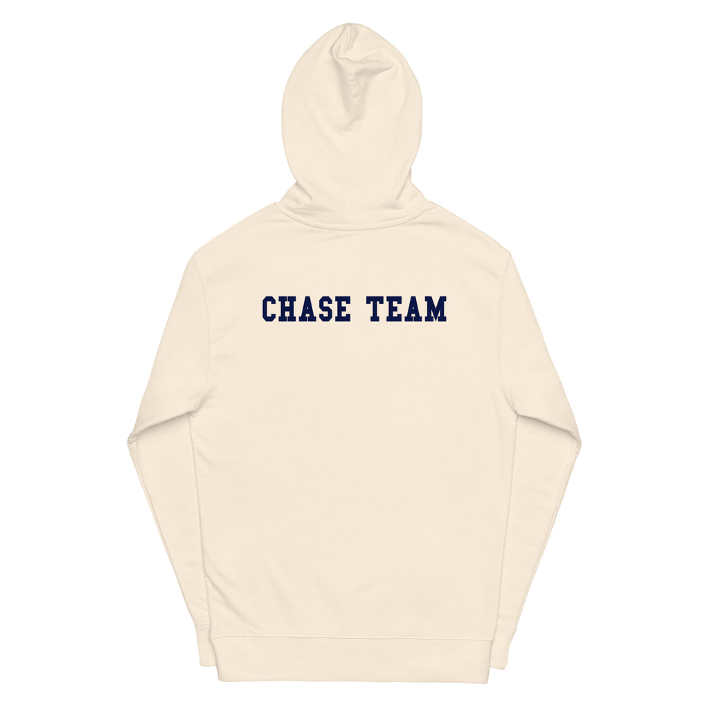 Beige hoodie with 'CHASE TEAM' text on a white background