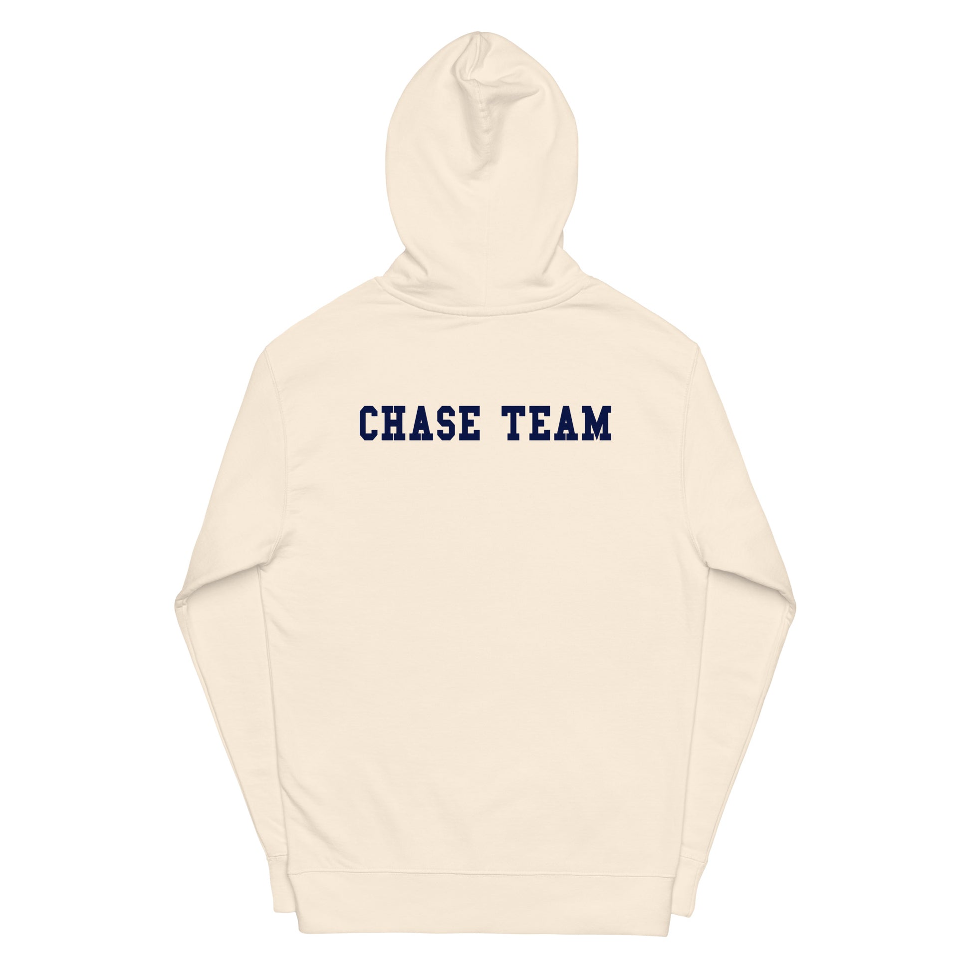 Beige hoodie with 'CHASE TEAM' text on a white background