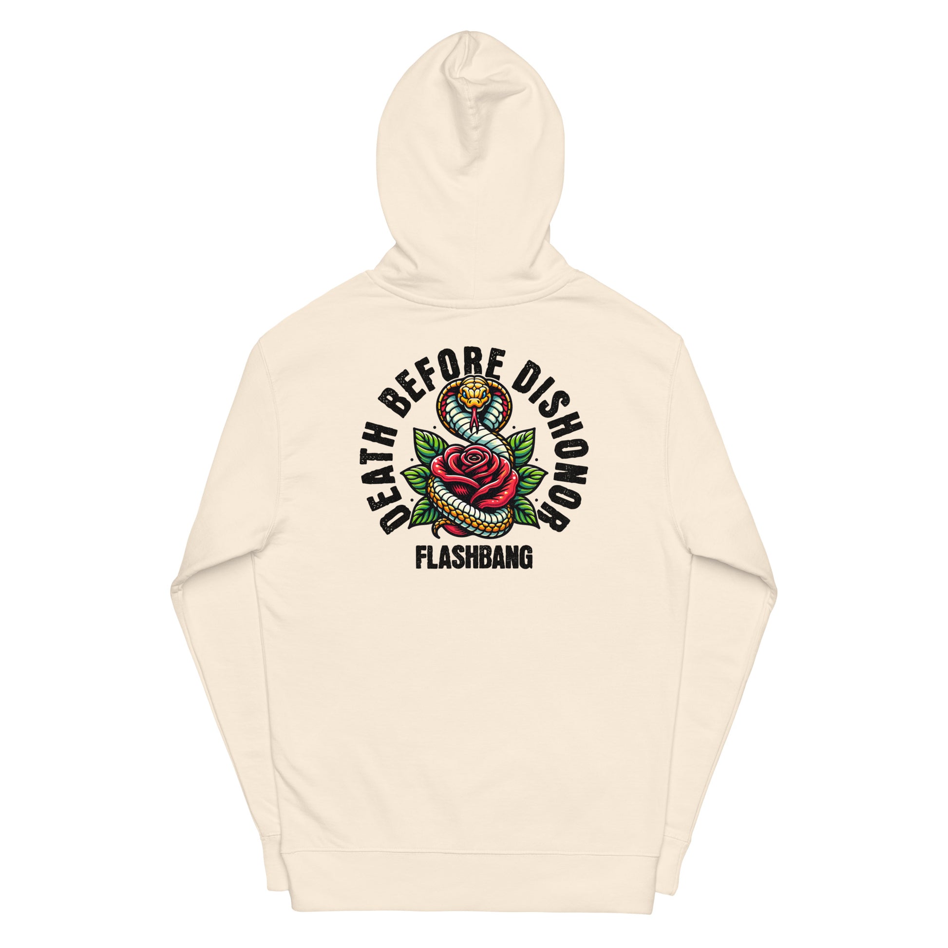 Beige hoodie with 'Death Before Dishonor Flashbang' design on a white background
