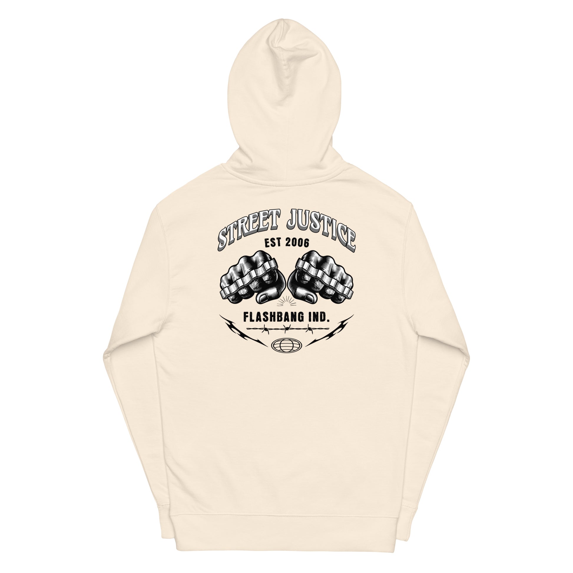 Beige hoodie with black graphic design on a white background