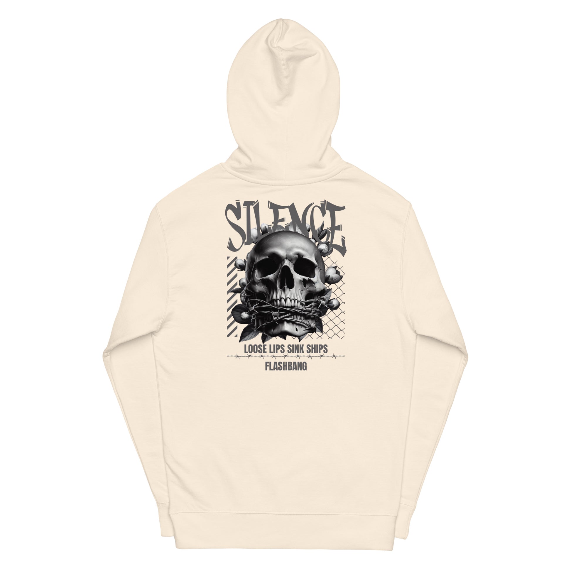 Beige hoodie with a skull graphic and text on a white background