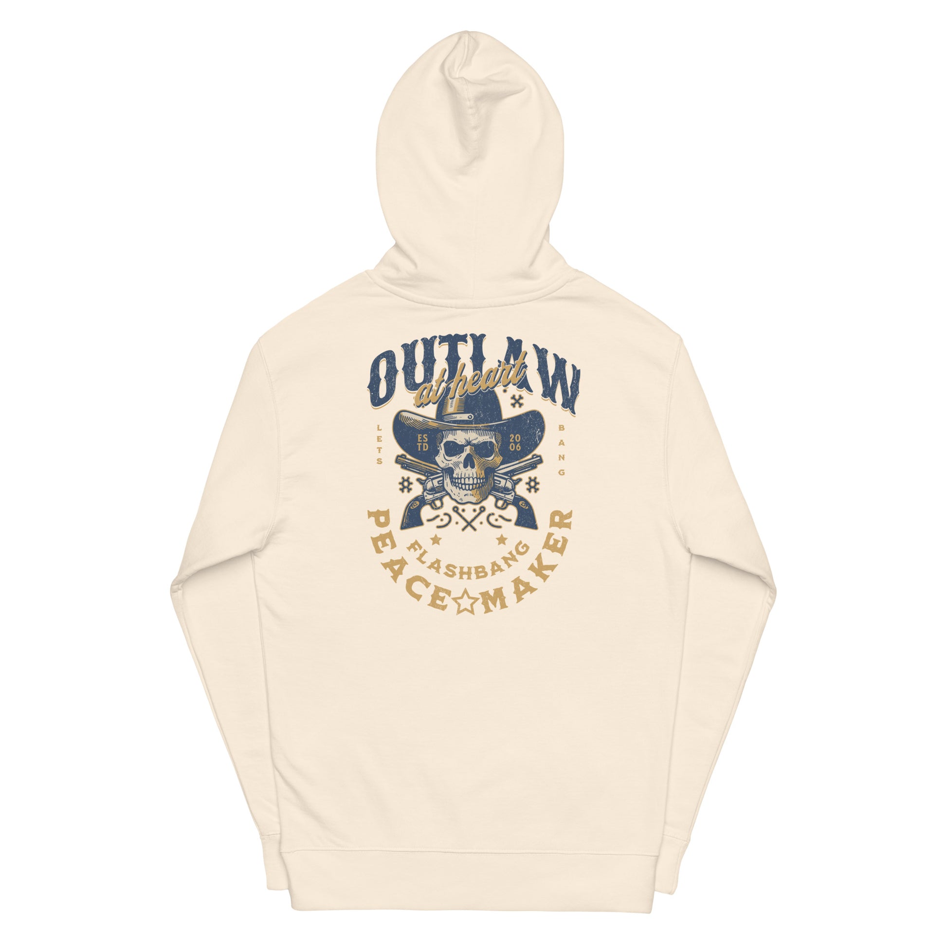 Beige hoodie with graphic design and text on a white background