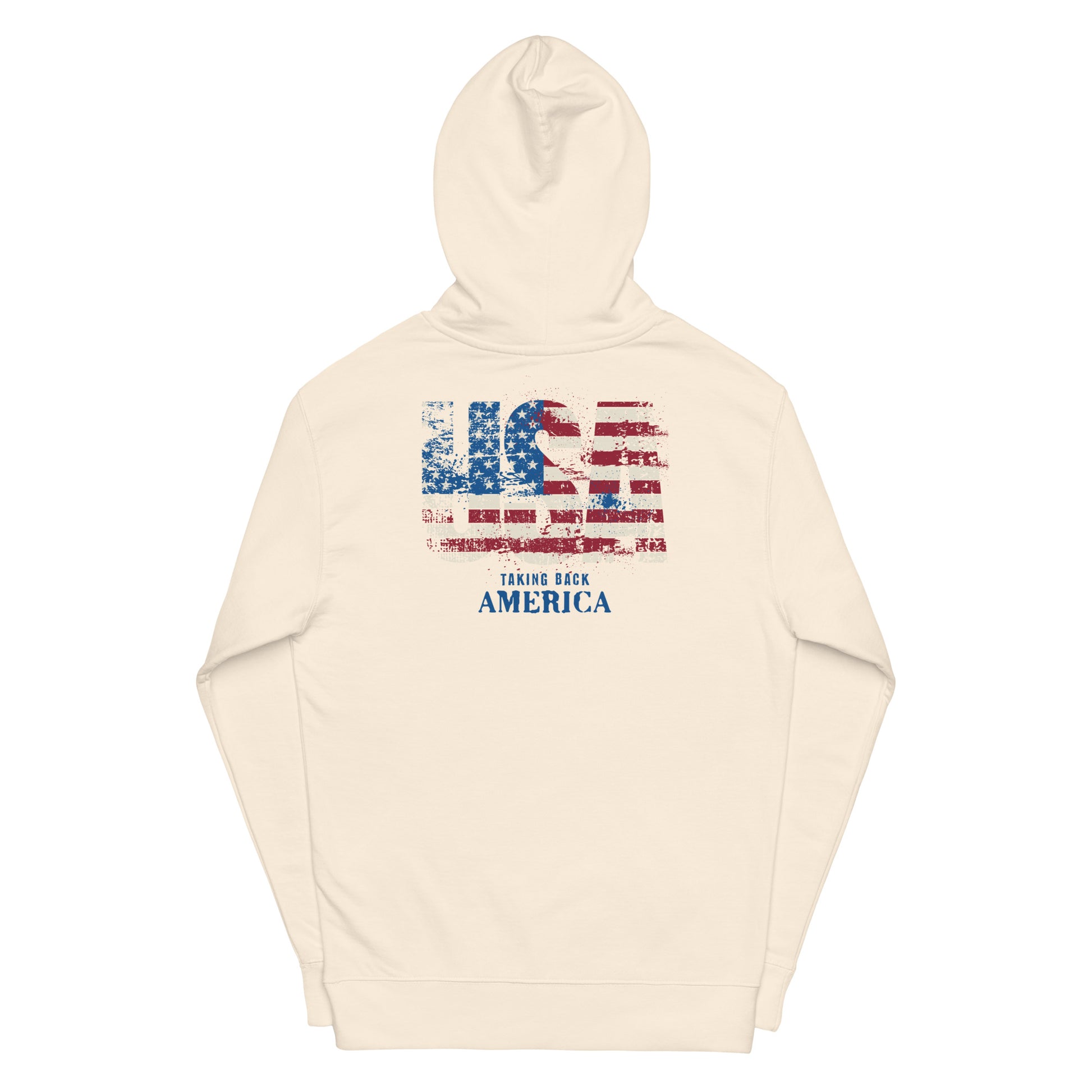 Beige hoodie with American flag design and text on a white background
