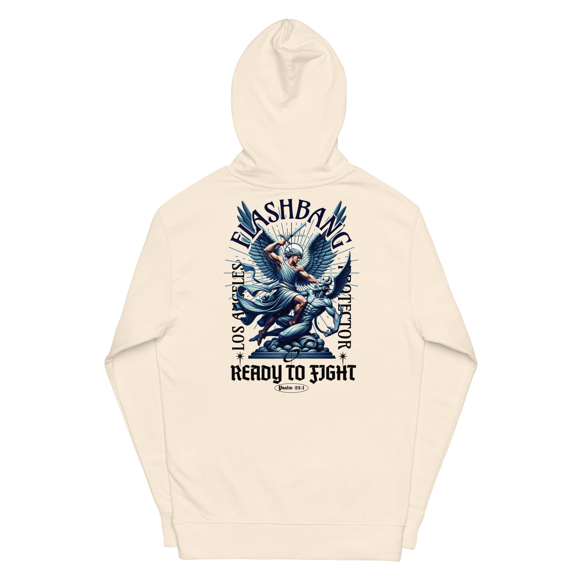Beige hoodie with graphic design and text on a white background