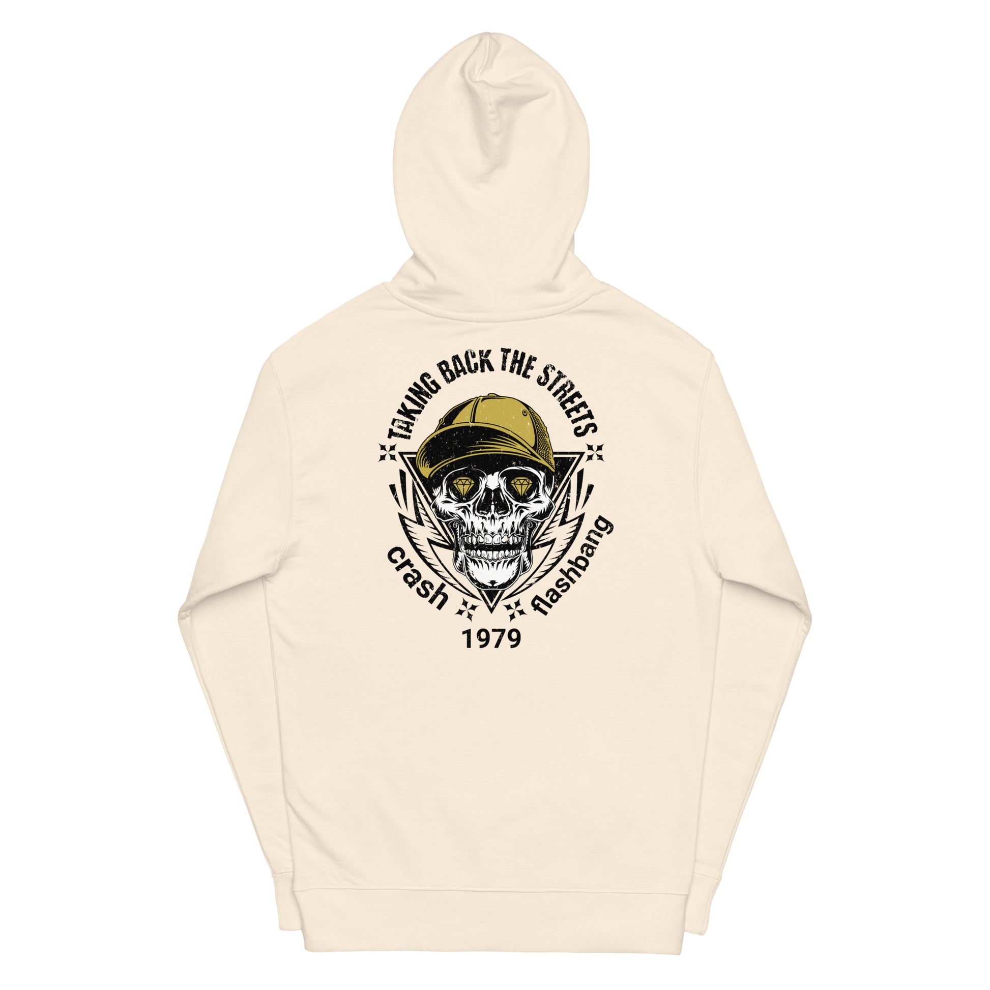 Beige hoodie with skull and text design on a white background