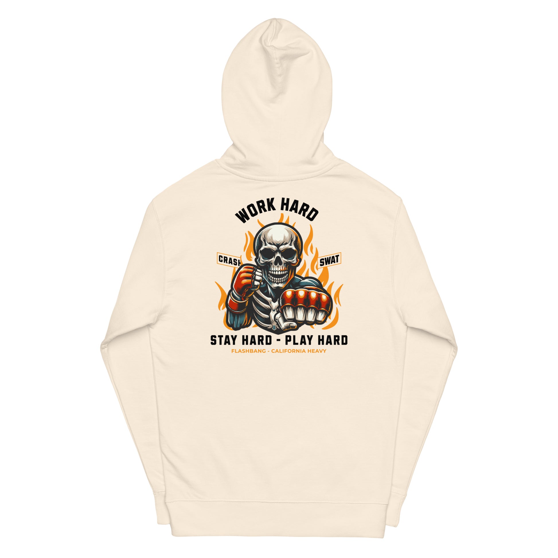 Beige hoodie with a graphic design featuring a skeleton and text on the back, on a white background.