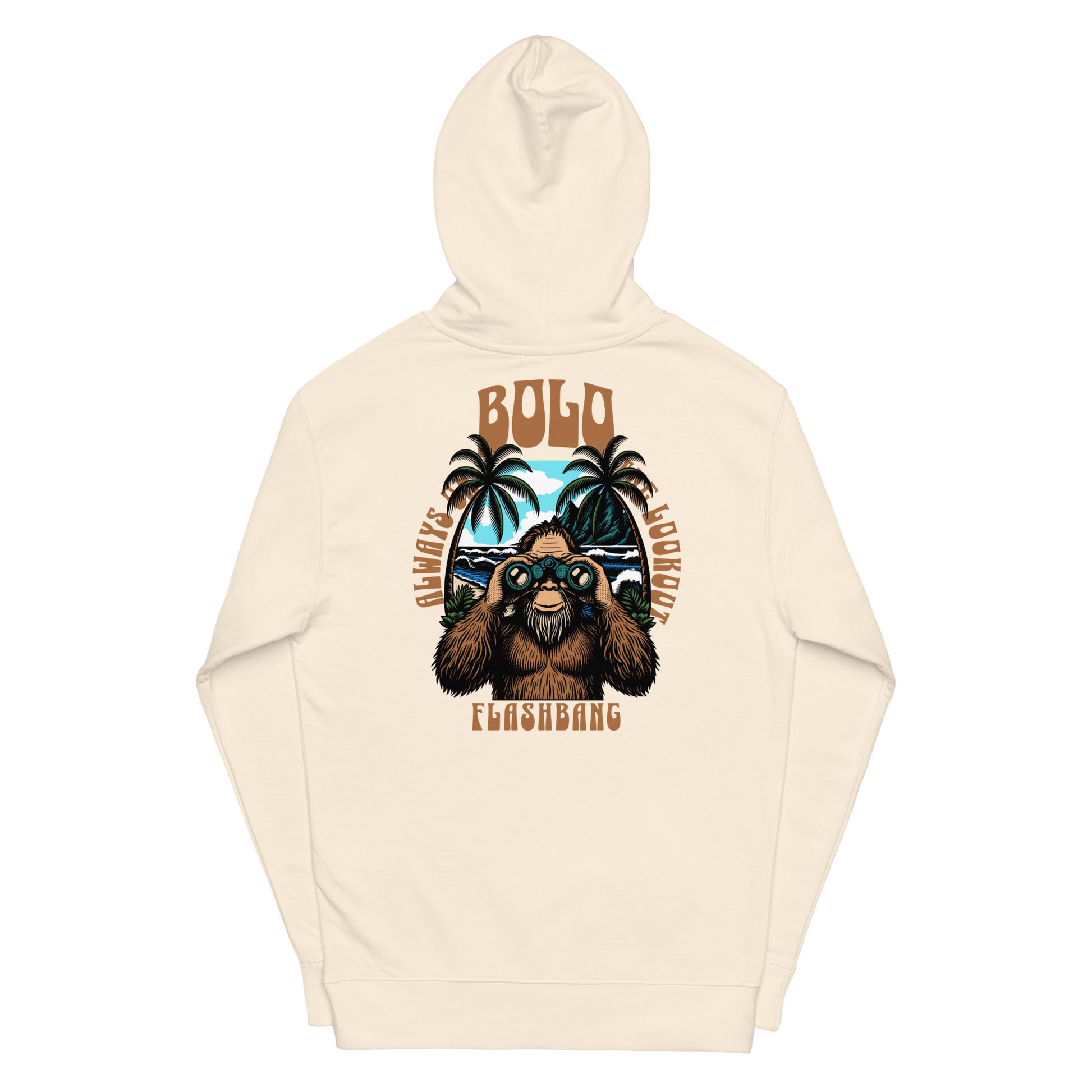 Beige hoodie with a graphic of a bear and palm trees on a white background