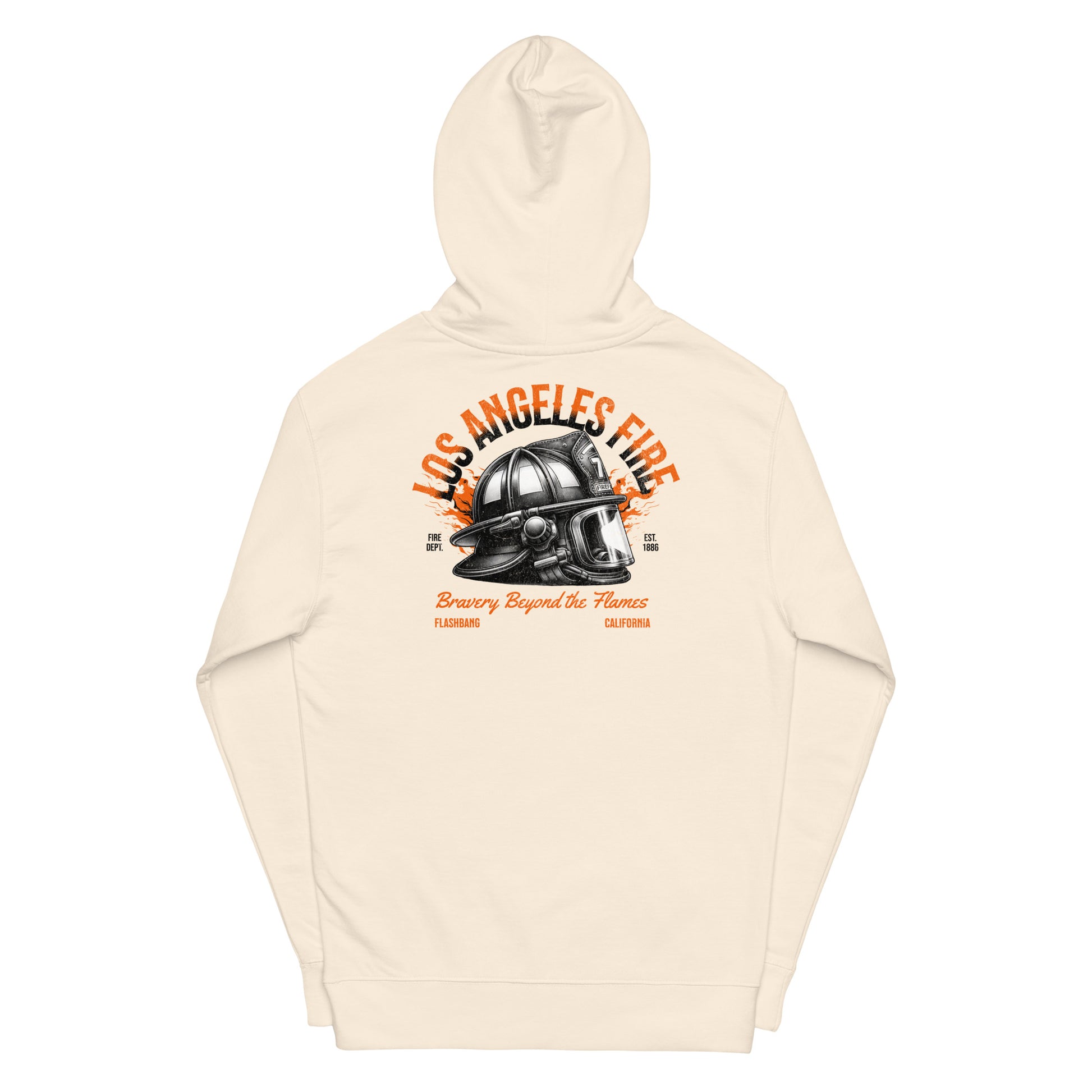 Beige hoodie with 'Los Angeles Fire' graphic on a white background