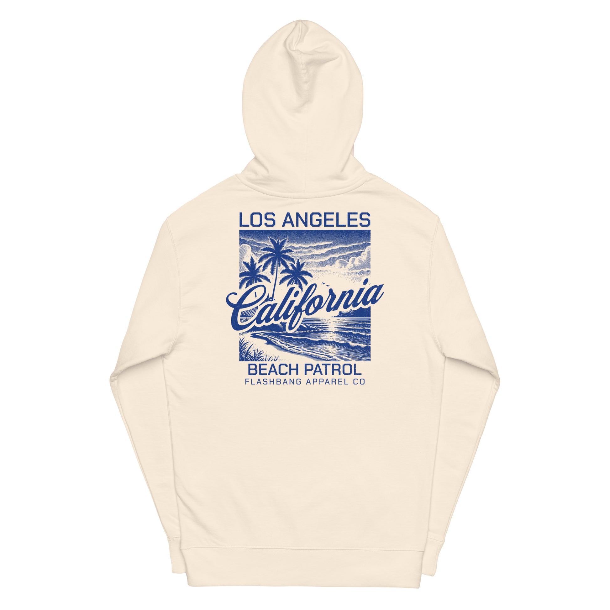 Beige hoodie with 'Los Angeles California Beach Patrol' graphic on a white background