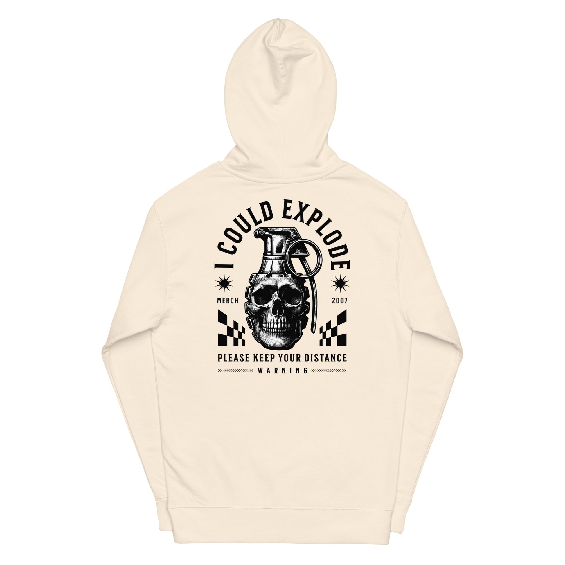 Beige hoodie with a graphic design featuring a skull and grenade on a white background