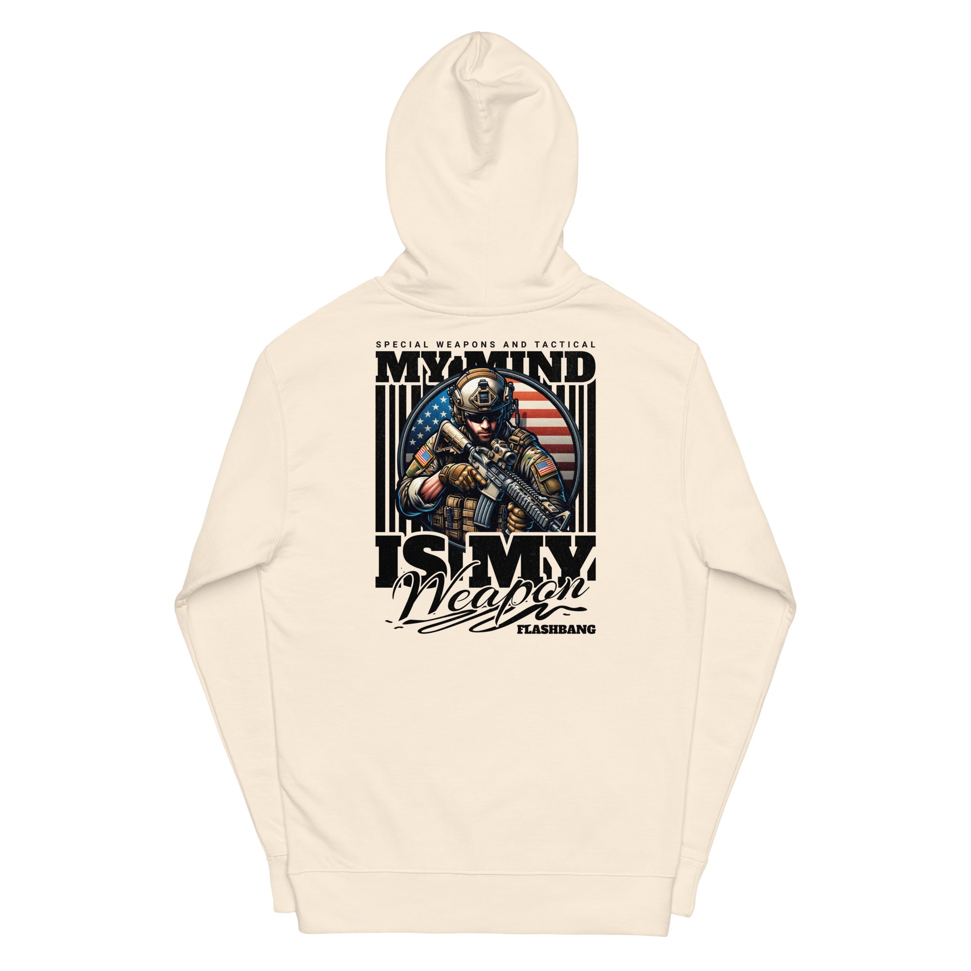 Beige hoodie with graphic design featuring a soldier and text on a white background