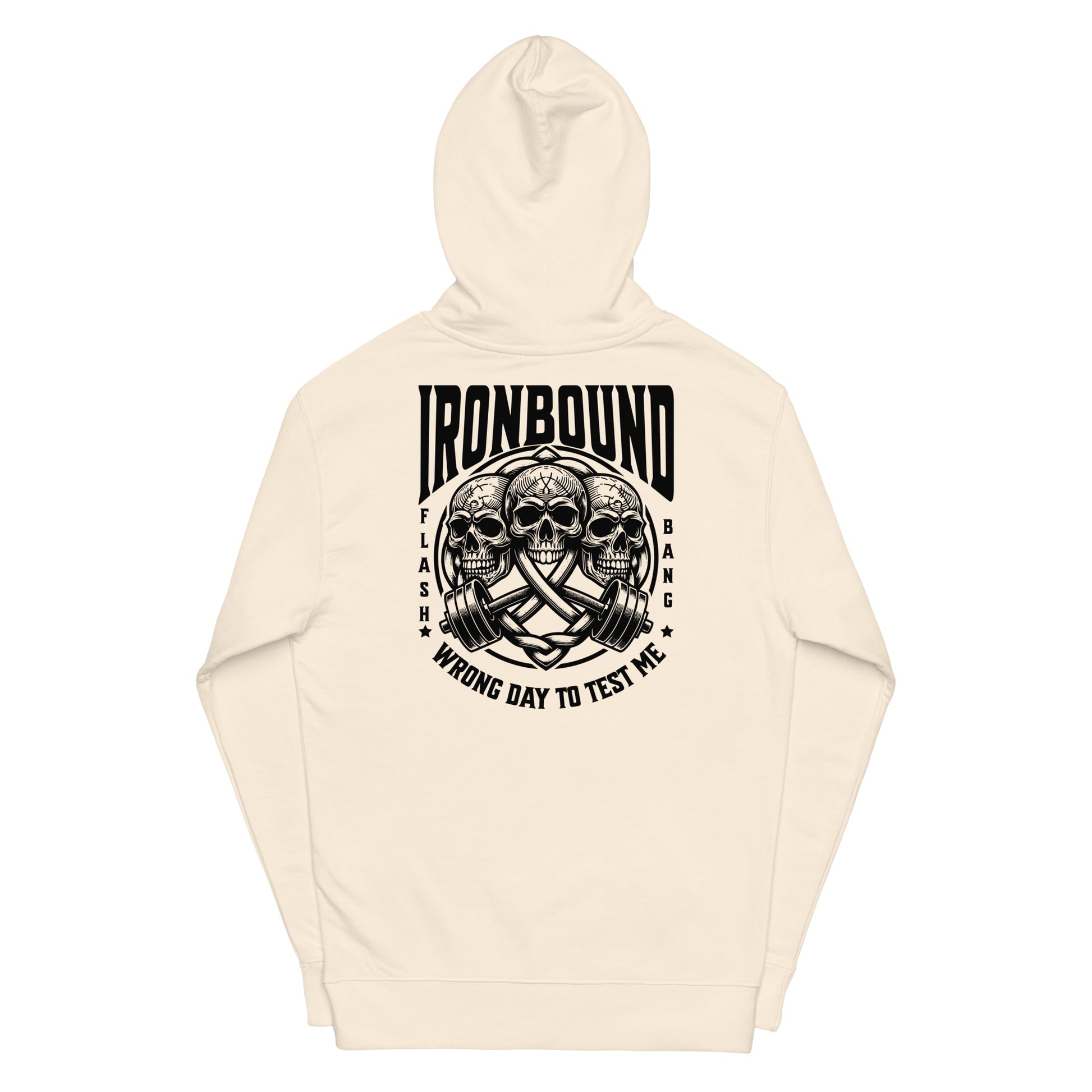 Beige hoodie with black graphic design and text on a white background