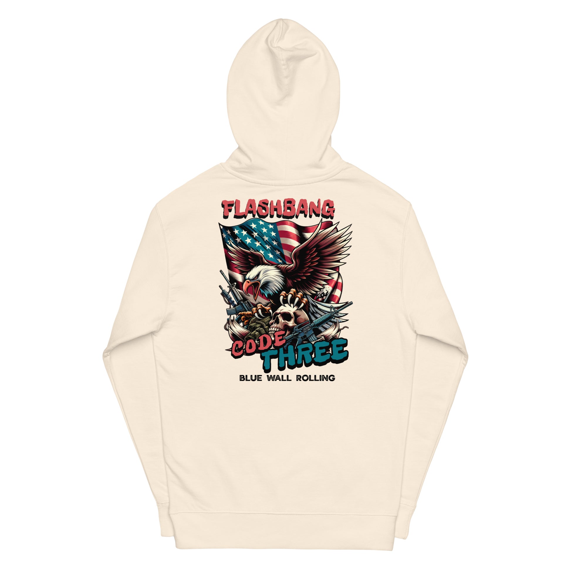 Beige hoodie with graphic design featuring an American flag, eagle, and text on a white background
