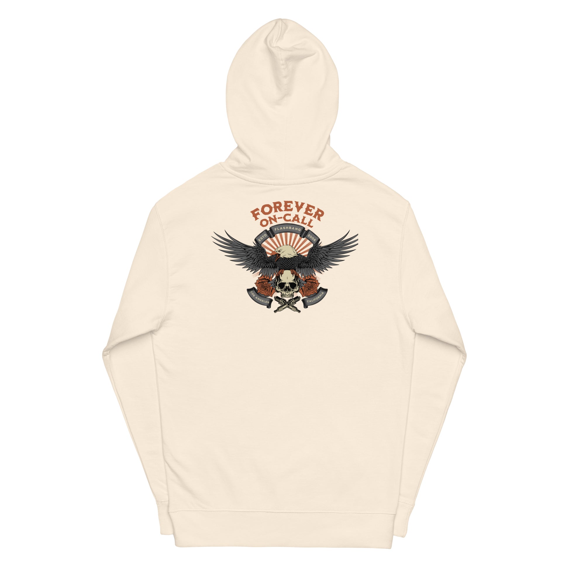 Beige hoodie with eagle and skull design on a white background