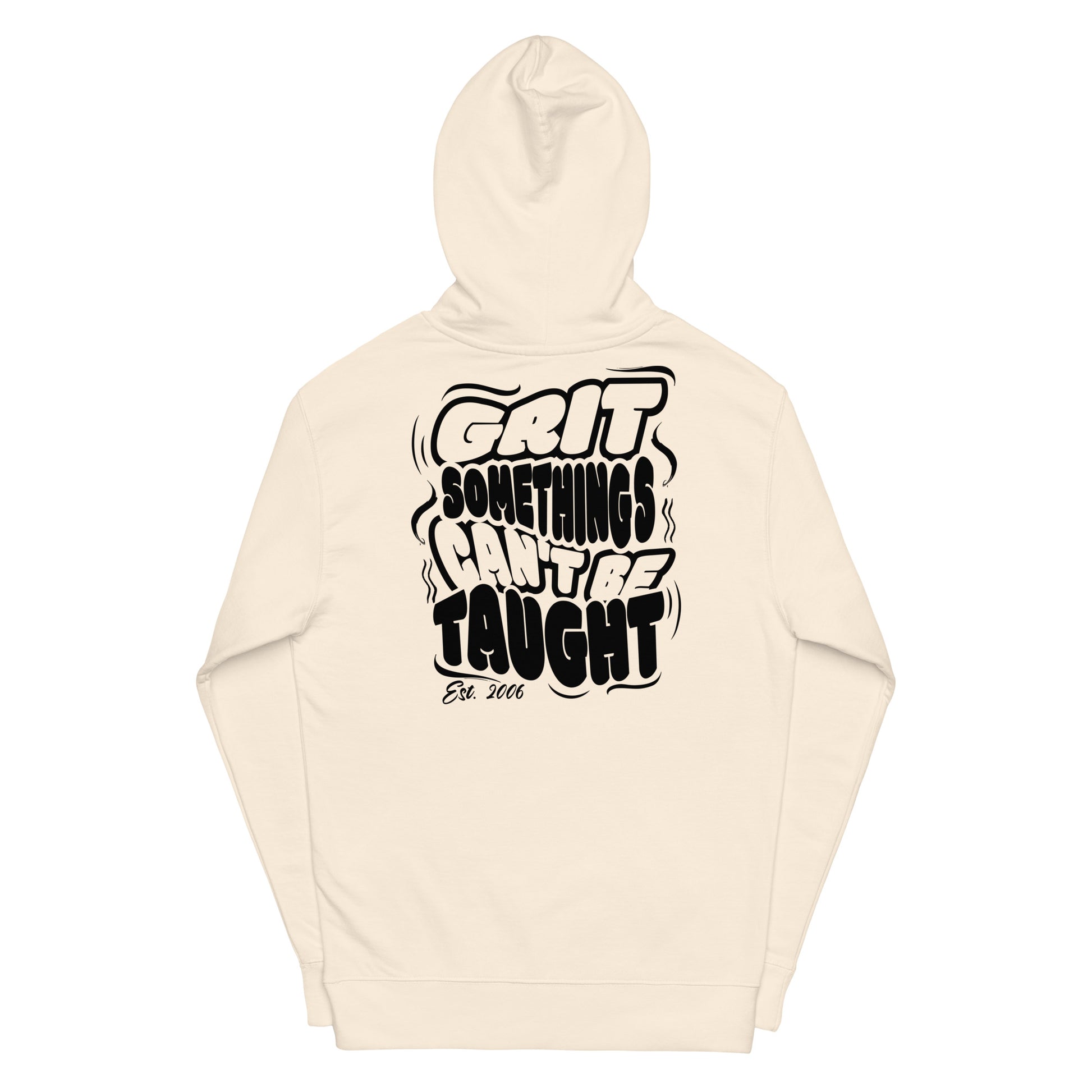 Beige hoodie with black text design on a white background