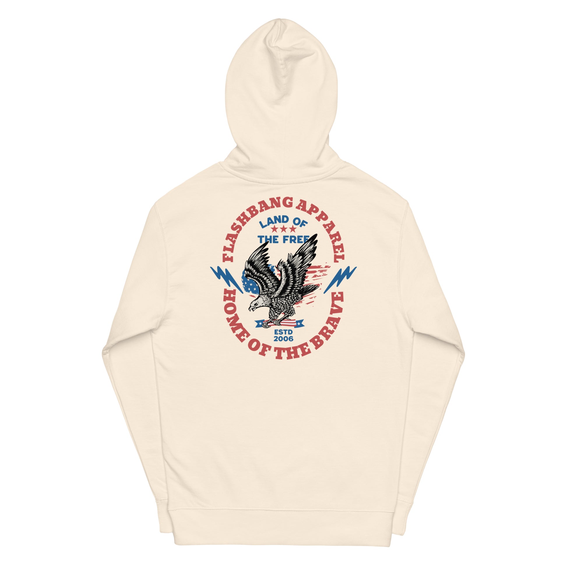 Beige hoodie with an eagle graphic and text on a white background