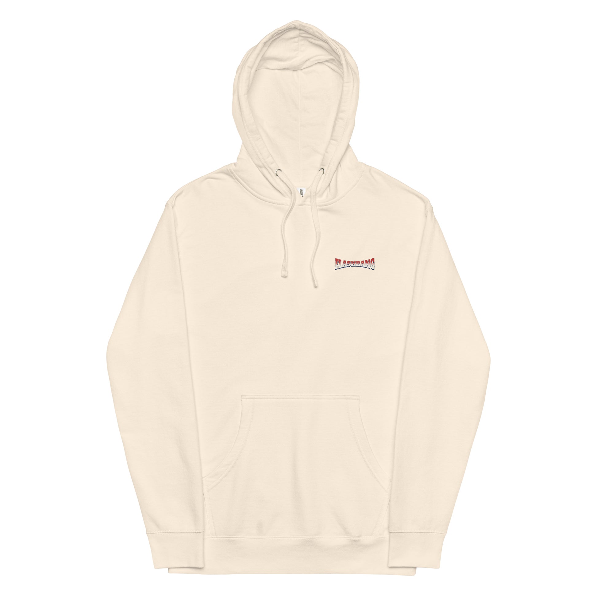 Beige hoodie with a small logo on a white background