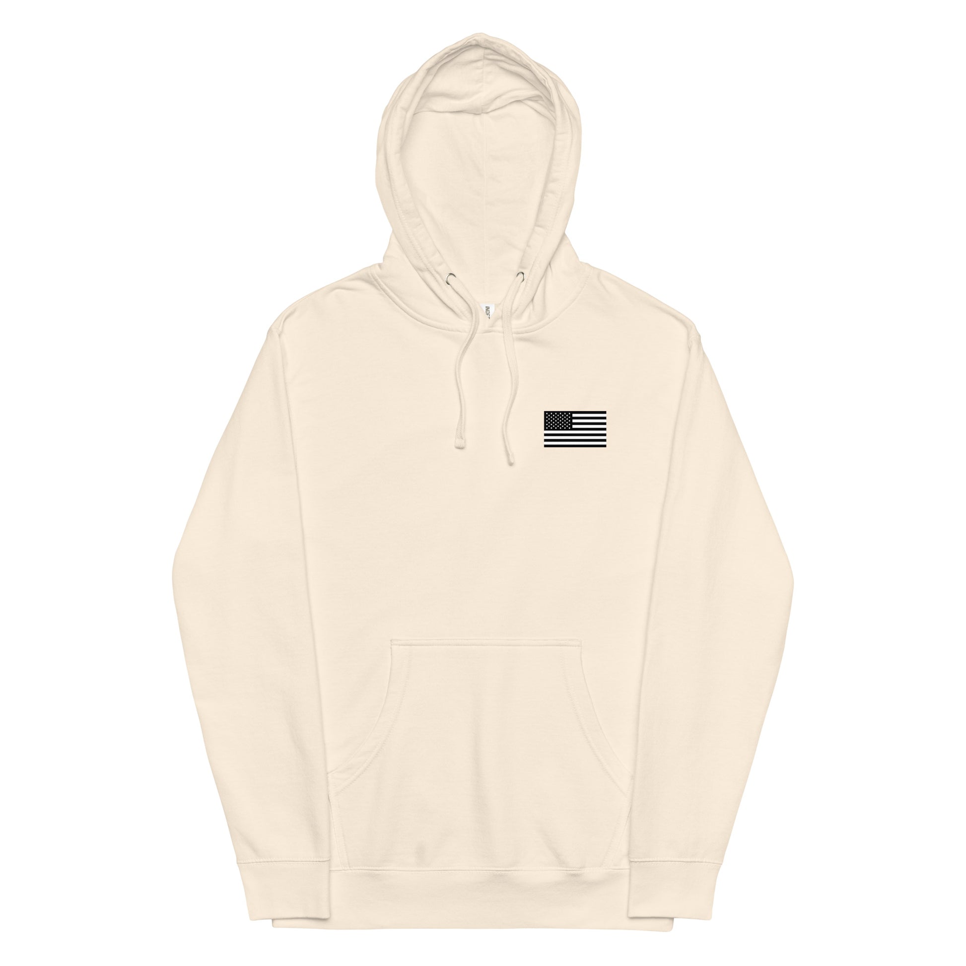 Beige hoodie with a small black flag patch on a white background
