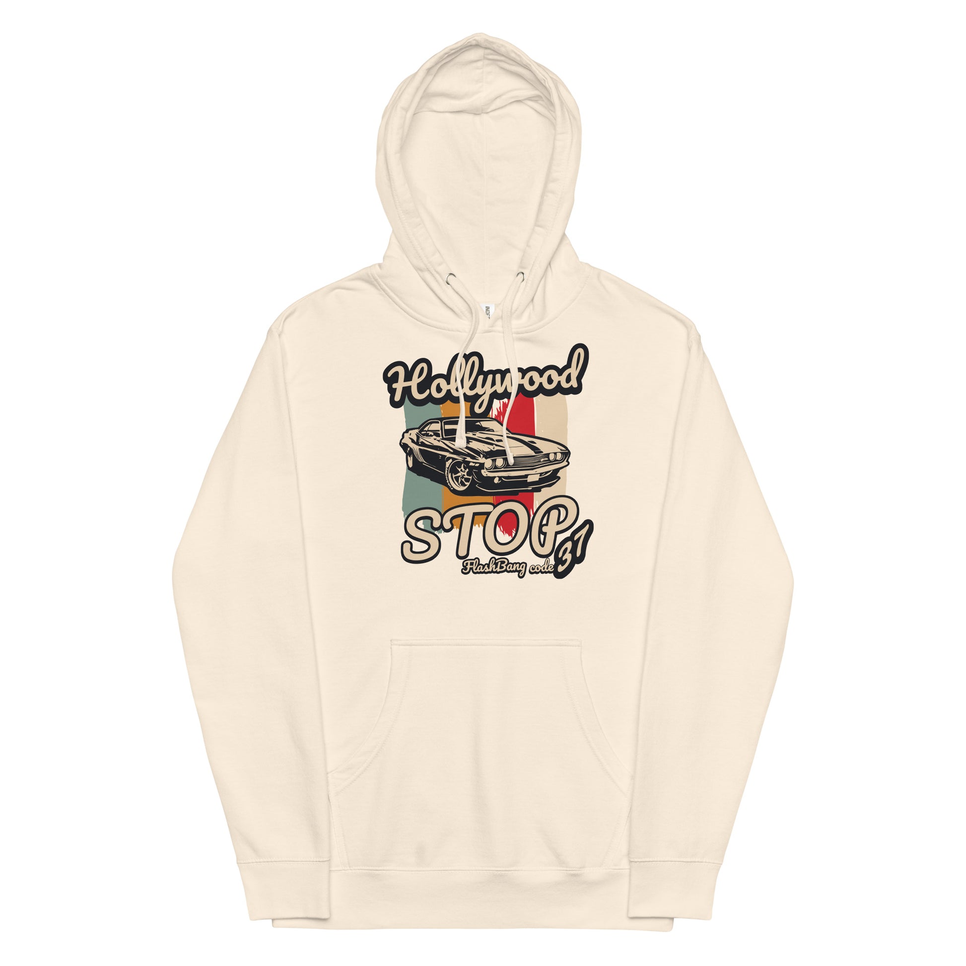 Beige hoodie with a graphic design on a white background