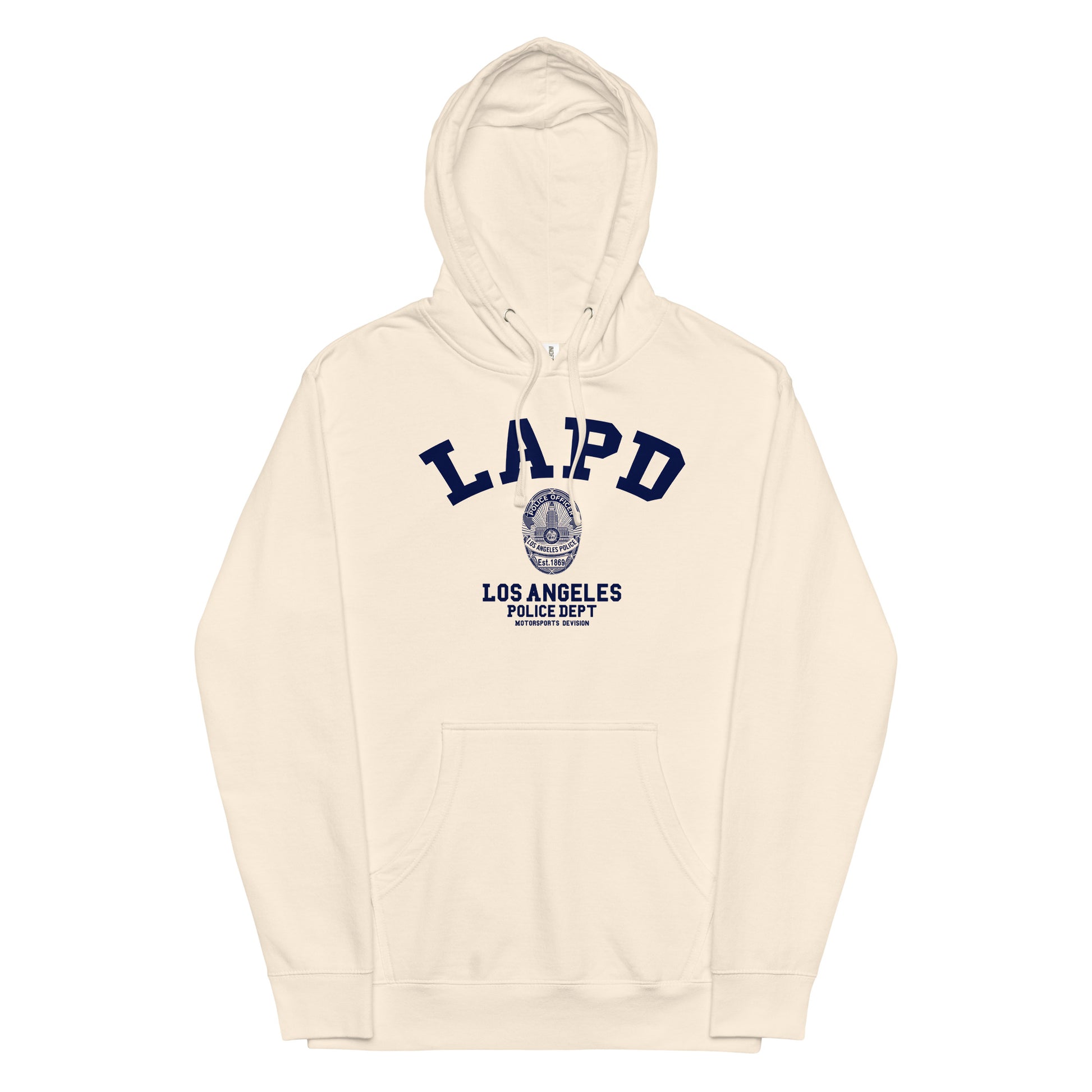 Beige hoodie with LAPD Los Angeles Police Dept logo on a white background