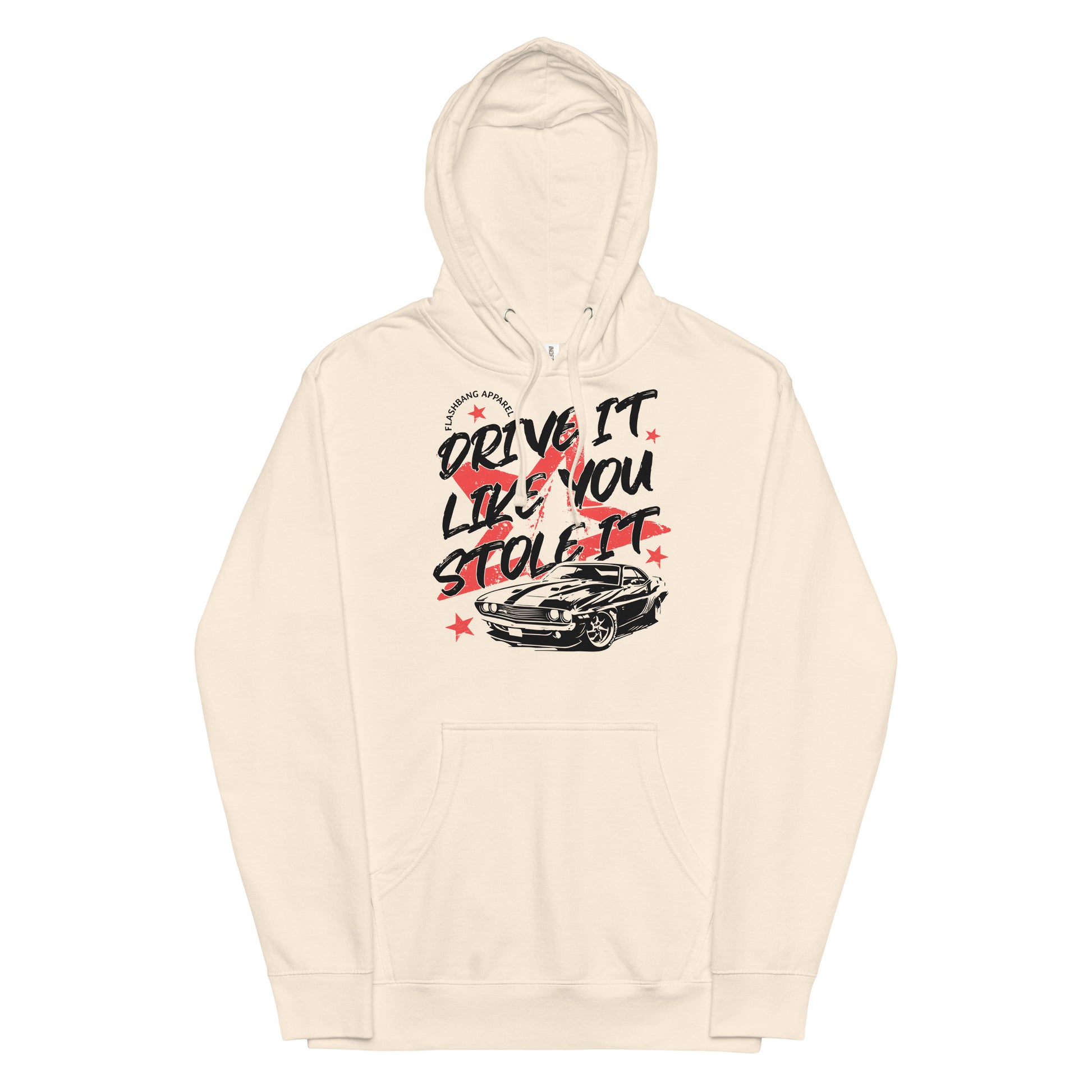 Beige hoodie with graphic design and text on a white background
